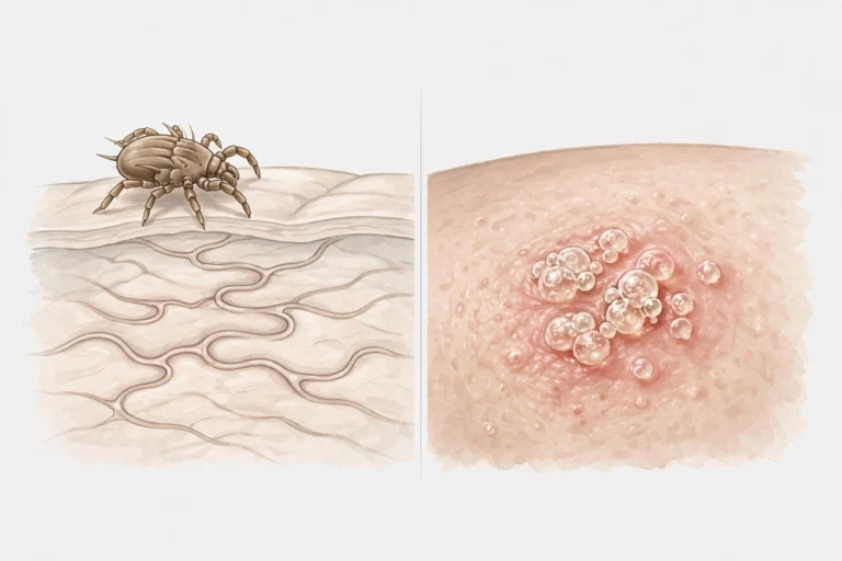 Side-by-side medical illustration comparing scabies vs herpes: scabies mite burrow tracks on the left and clustered herpes blisters on the right