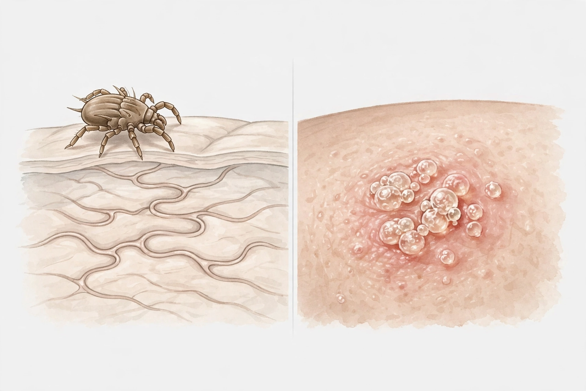 Side-by-side medical illustration comparing scabies vs herpes: scabies mite burrow tracks on the left and clustered herpes blisters on the right