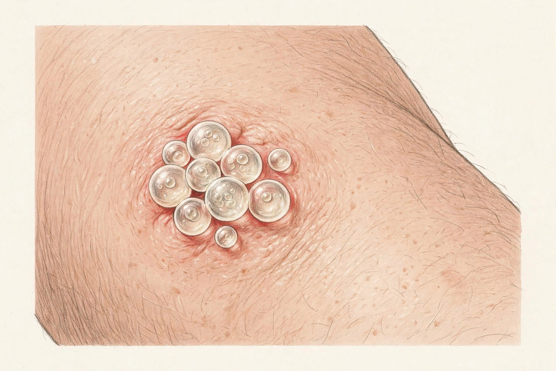 Clinical dermatology illustration of grouped fluid-filled blisters typical of an early herpes outbreak