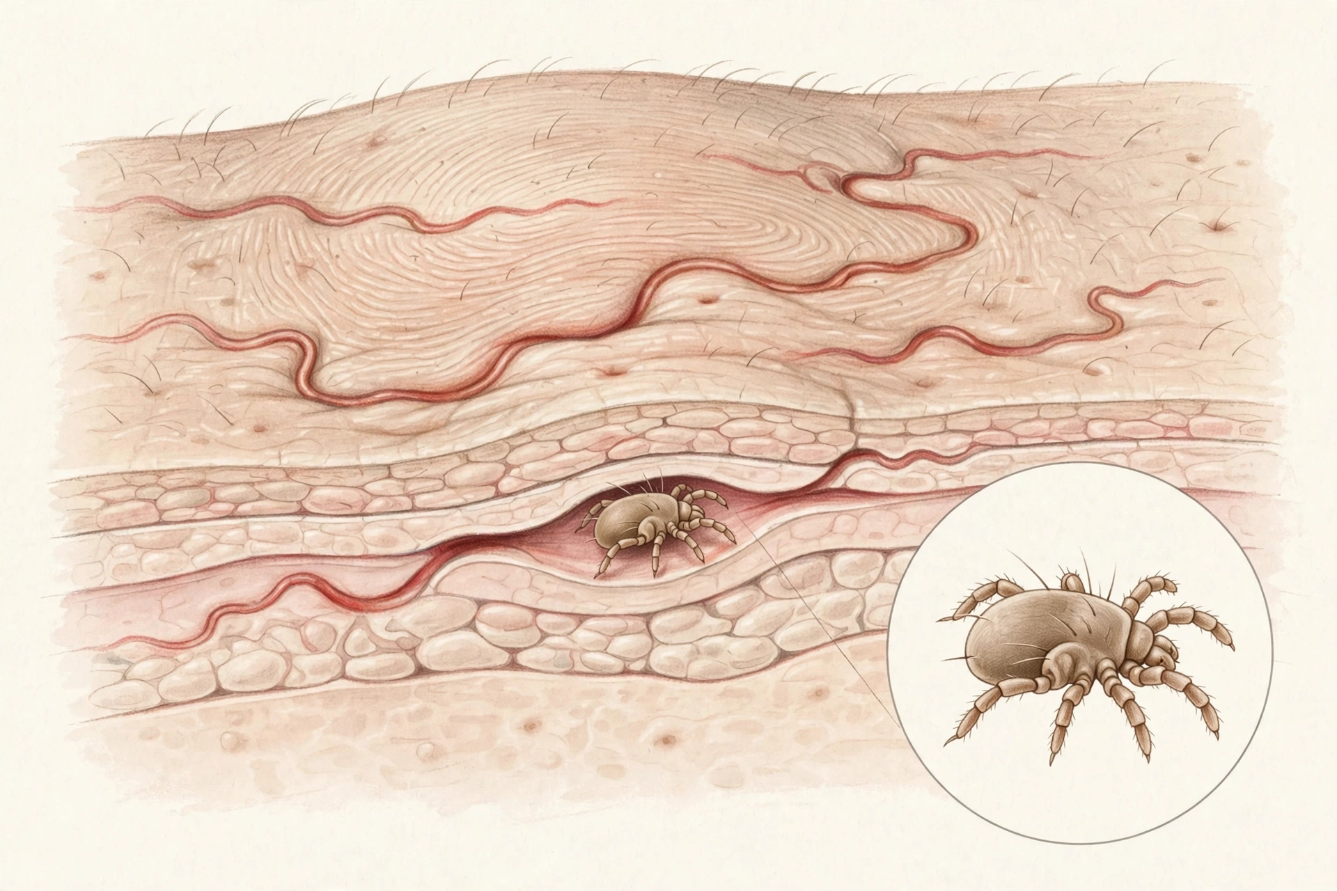 Clinical dermatology illustration showing a scabies mite burrowing beneath the skin surface with winding burrow tracks
