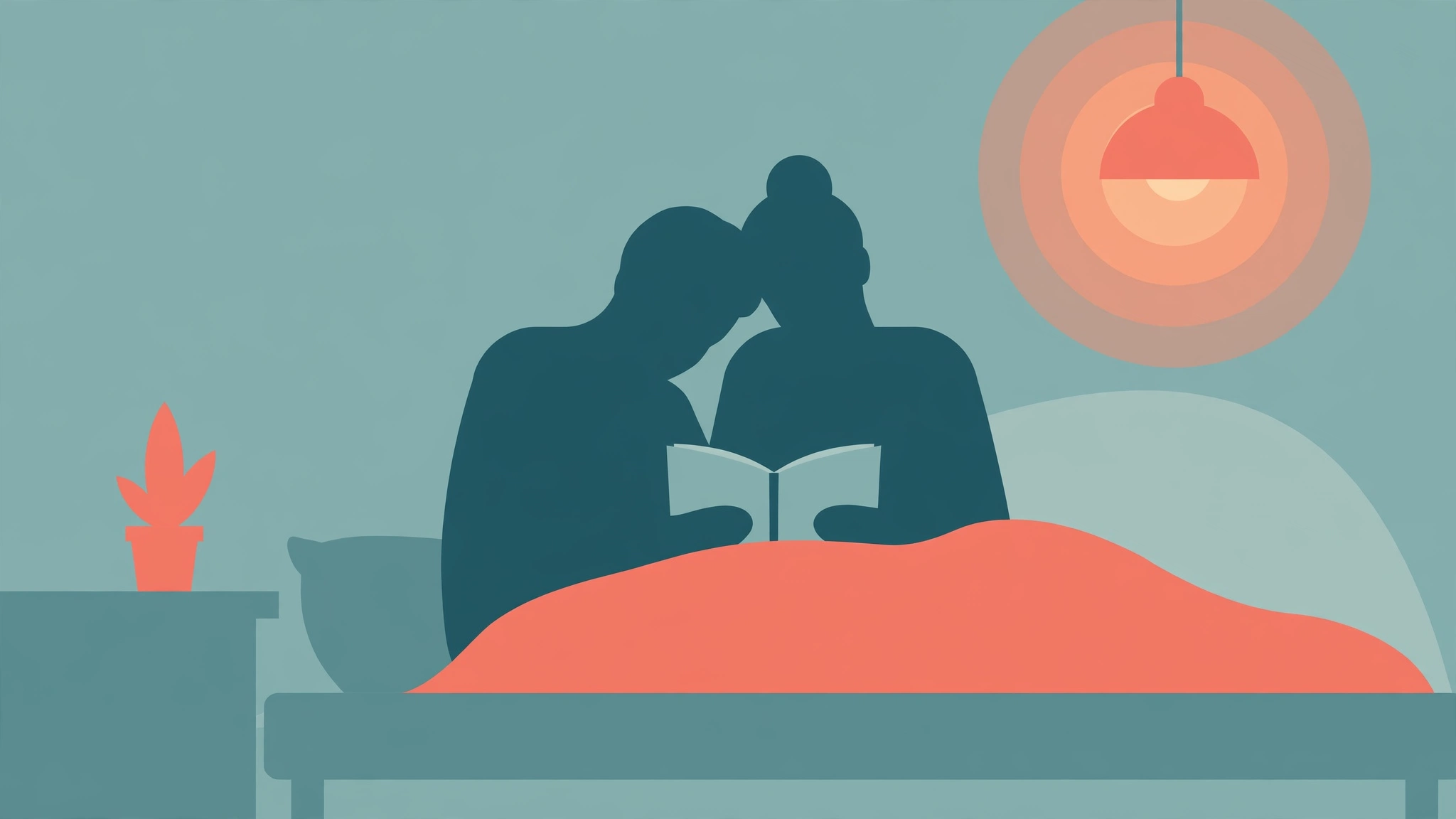 Couple relaxing together in bed reading, representing planned intimacy without pressure