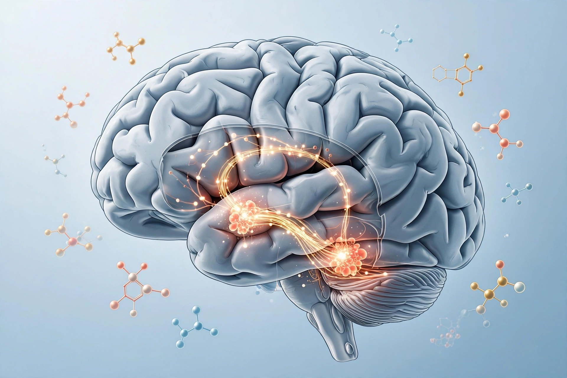 Illustrated human brain with a glowing dopamine reward pathway and floating neurotransmitter molecules, showing the brain regions activated by romantic love