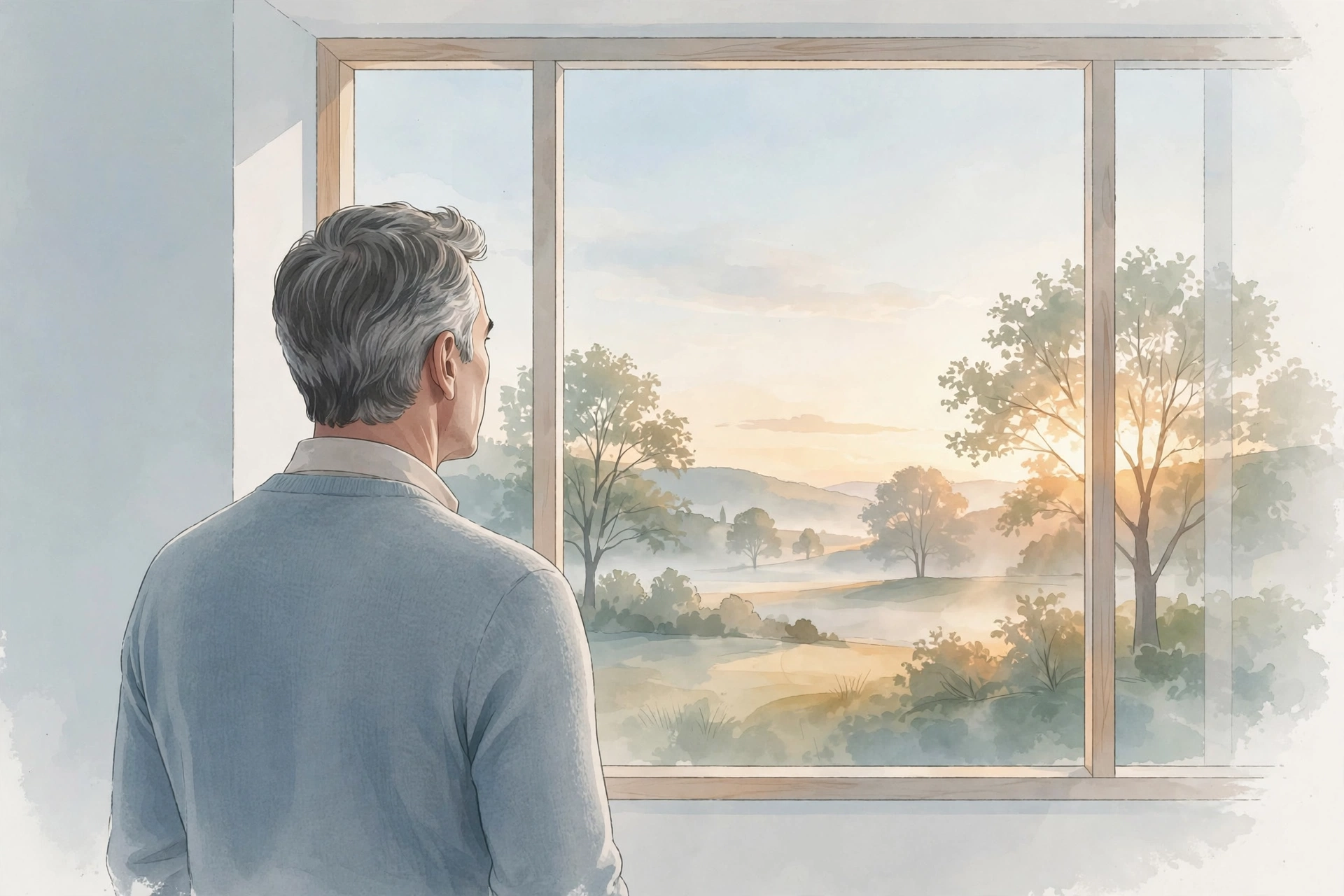 Illustration of a middle-aged man looking out a window at morning light, representing healthy aging for men