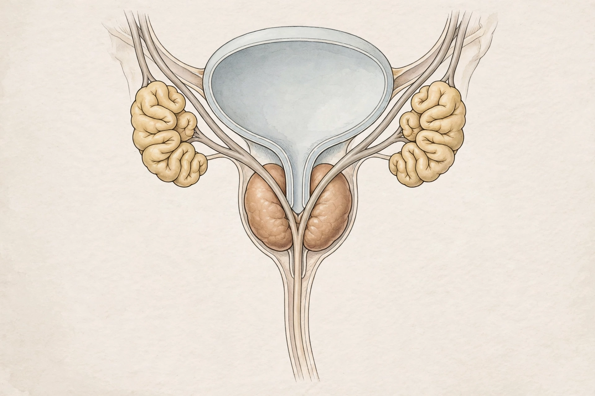 Clinical anatomical illustration of the prostate and seminal vesicles, the glands behind low semen volume
