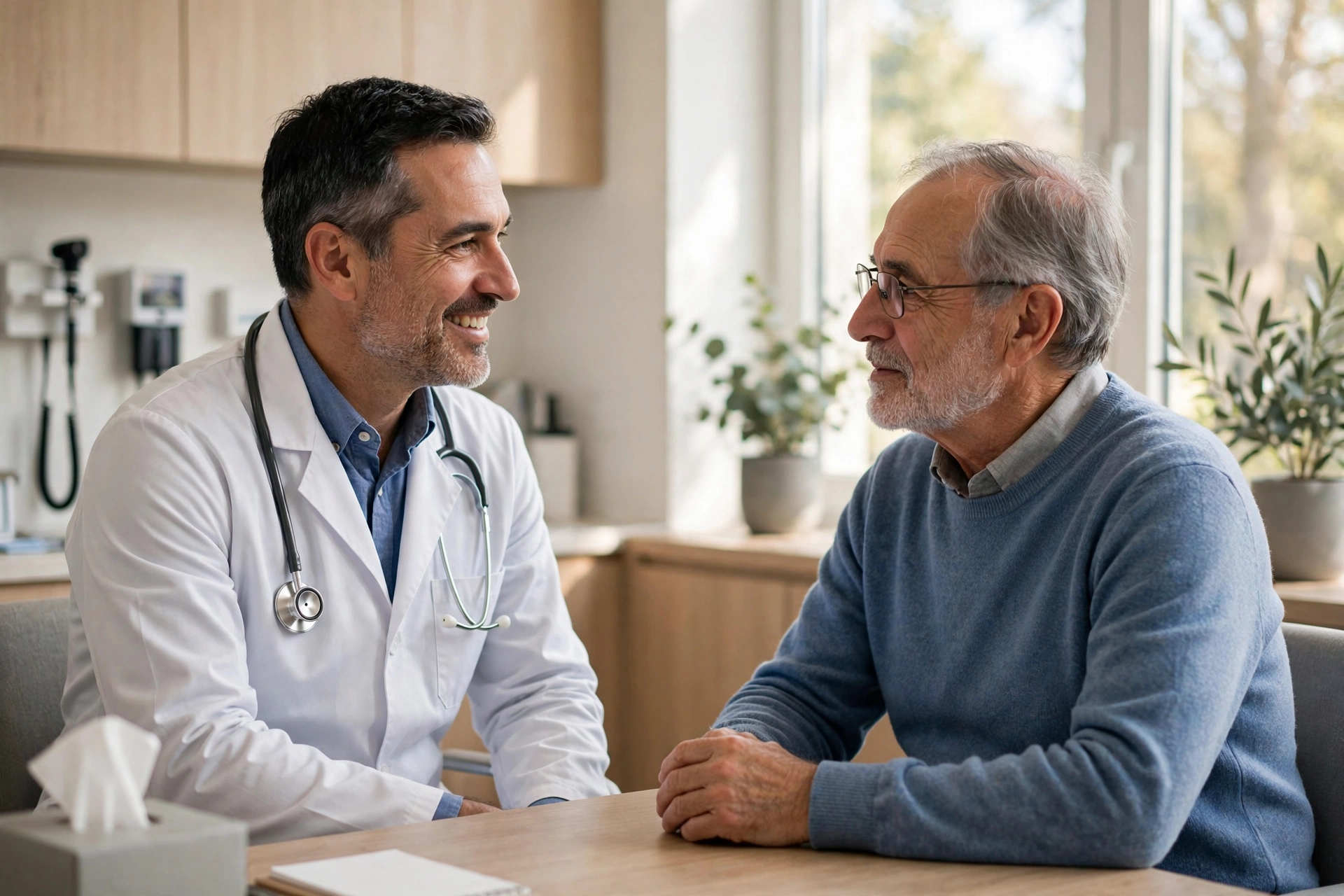 A doctor kindly consulting an older male patient in a bright modern clinic