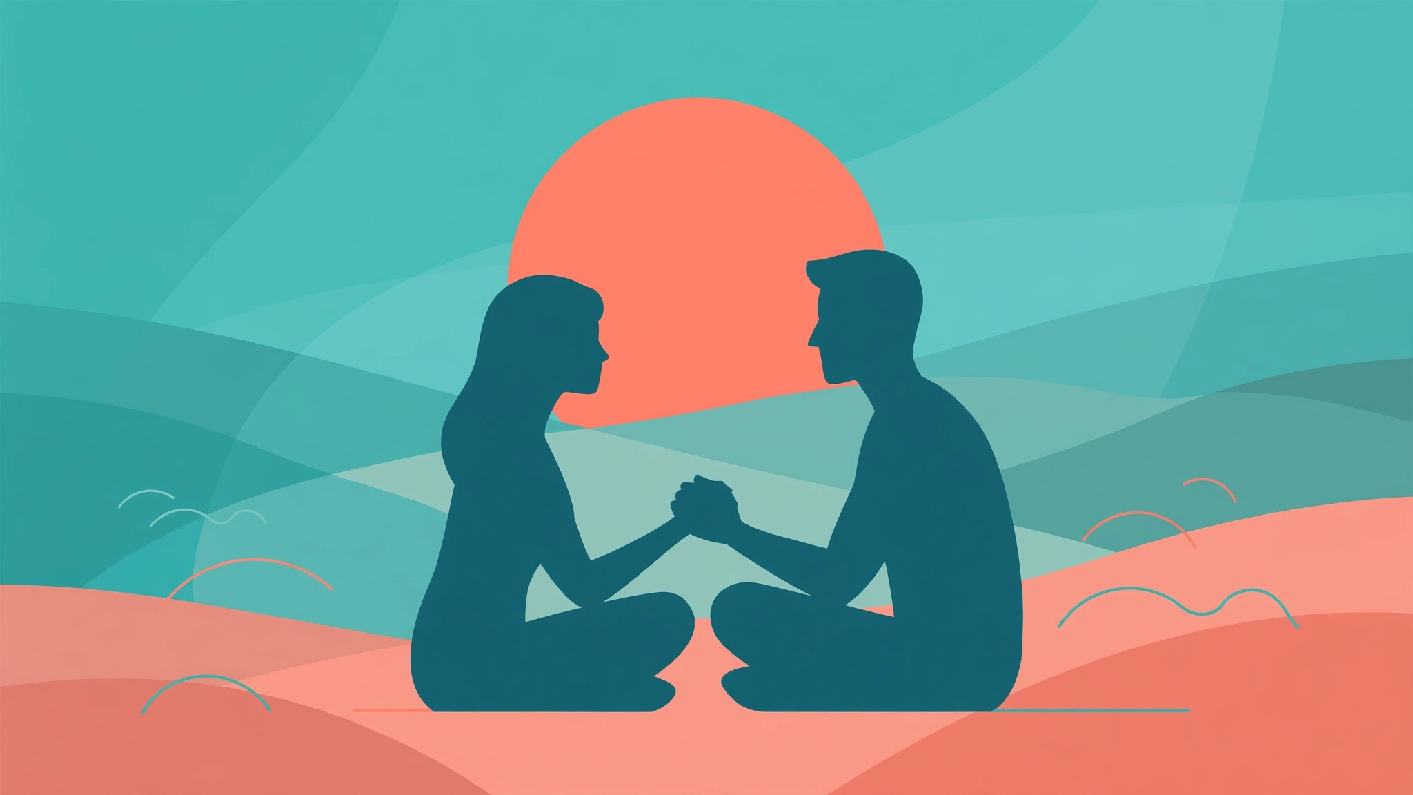 Couple holding hands in sensate focus exercises illustration at sunset.