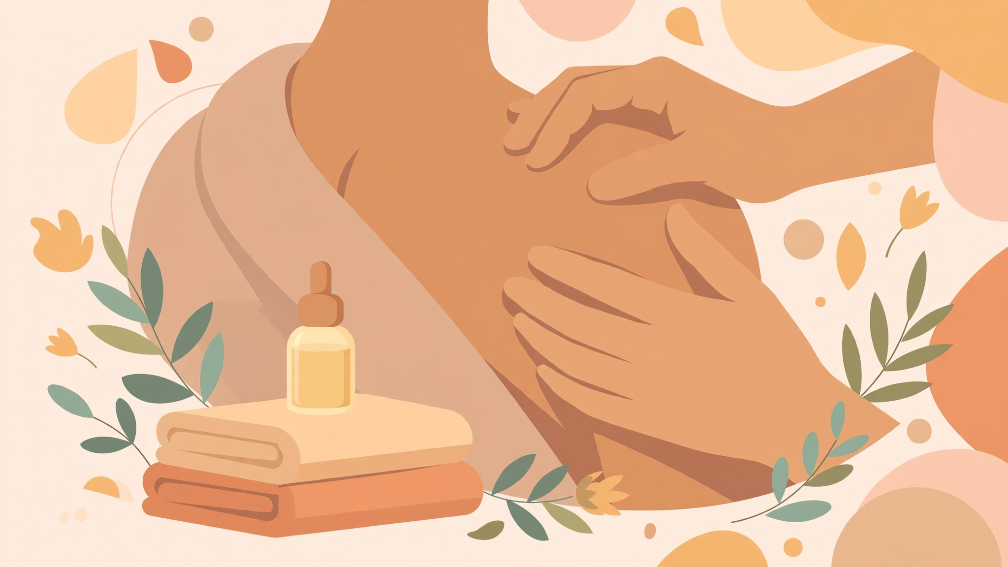 Hands giving a gentle shoulder massage with a massage oil bottle nearby