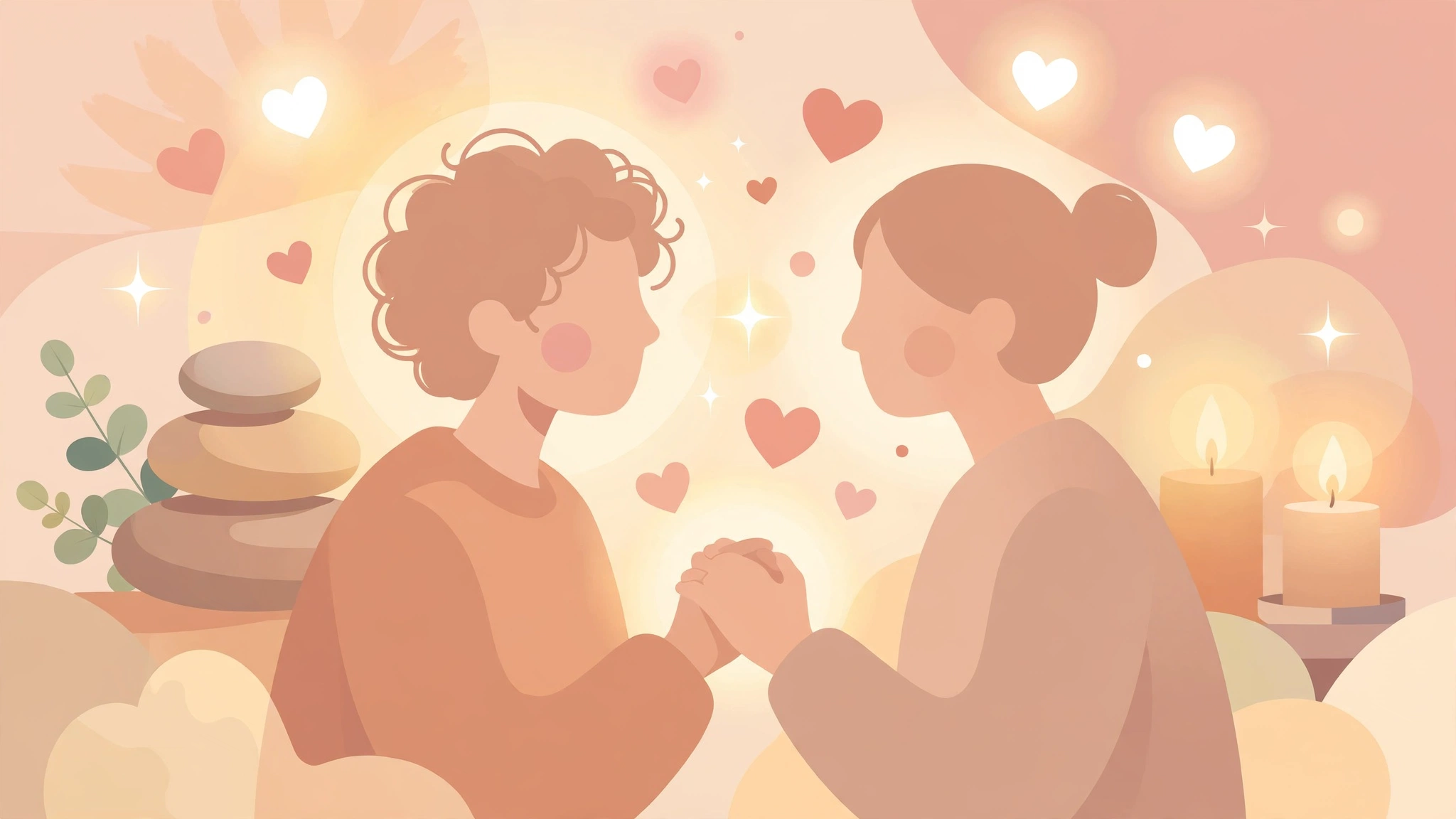 Couple holding hands in warm candlelight after a relaxing massage