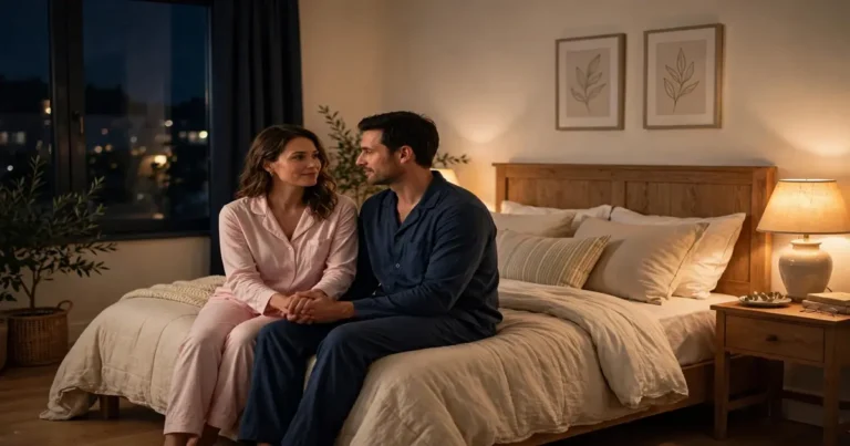 Couple in pajamas holding hands and sitting together on a bed at night in warm lamplight