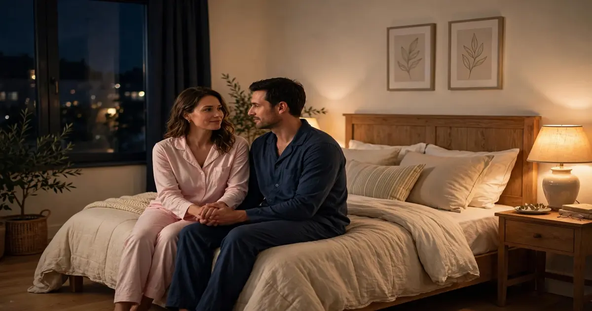 Couple in pajamas holding hands and sitting together on a bed at night in warm lamplight