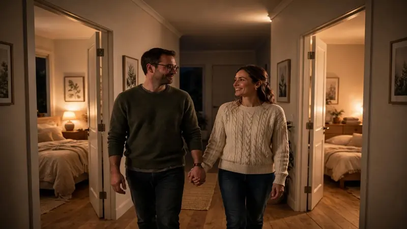 Couple holding hands in a warmly lit hallway between two open bedroom doors at night, showing separate bedrooms and intimacy can coexist