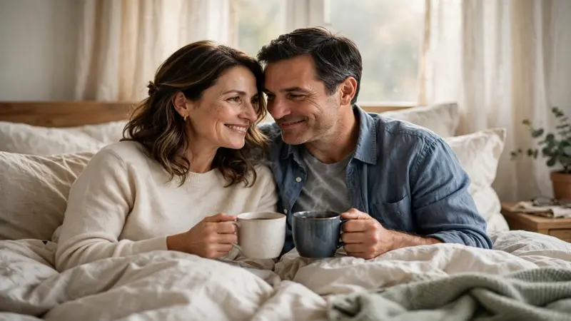 Couple sharing morning coffee together in bed with warm daylight