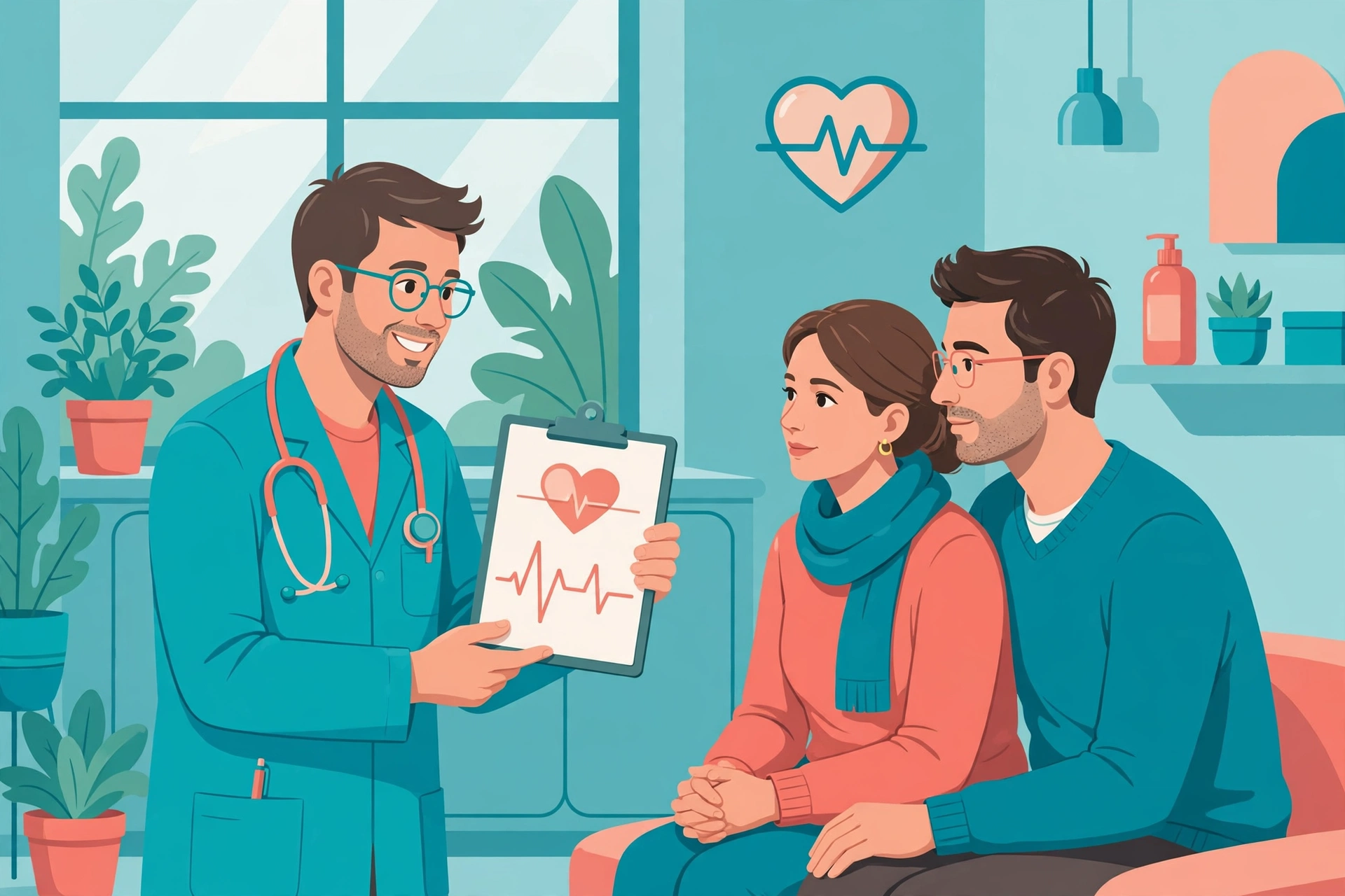 Couple discussing sex after heart attack with their doctor in a clinic