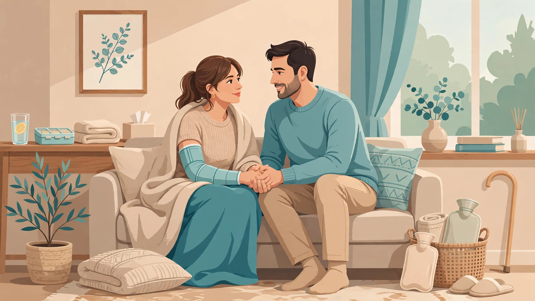 Couple holding hands supporting each other during prostate biopsy recovery