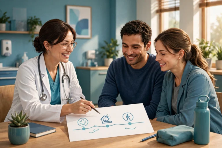 Clinician explaining a recovery timeline to a couple, illustrating when sex after STI treatment is safe again