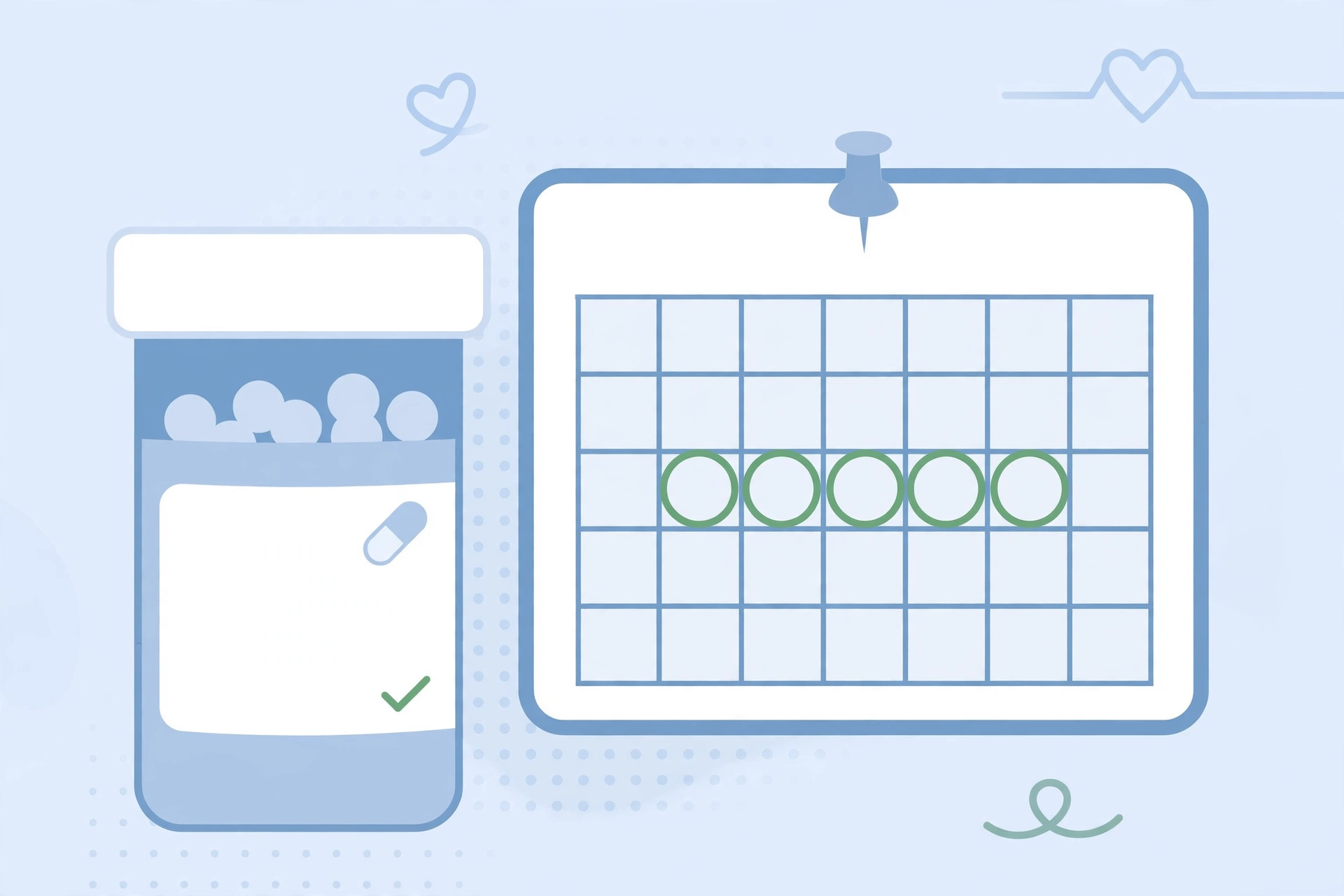 Prescription pill bottle beside a wall calendar with days circled, symbolizing completing STI treatment before resuming sex