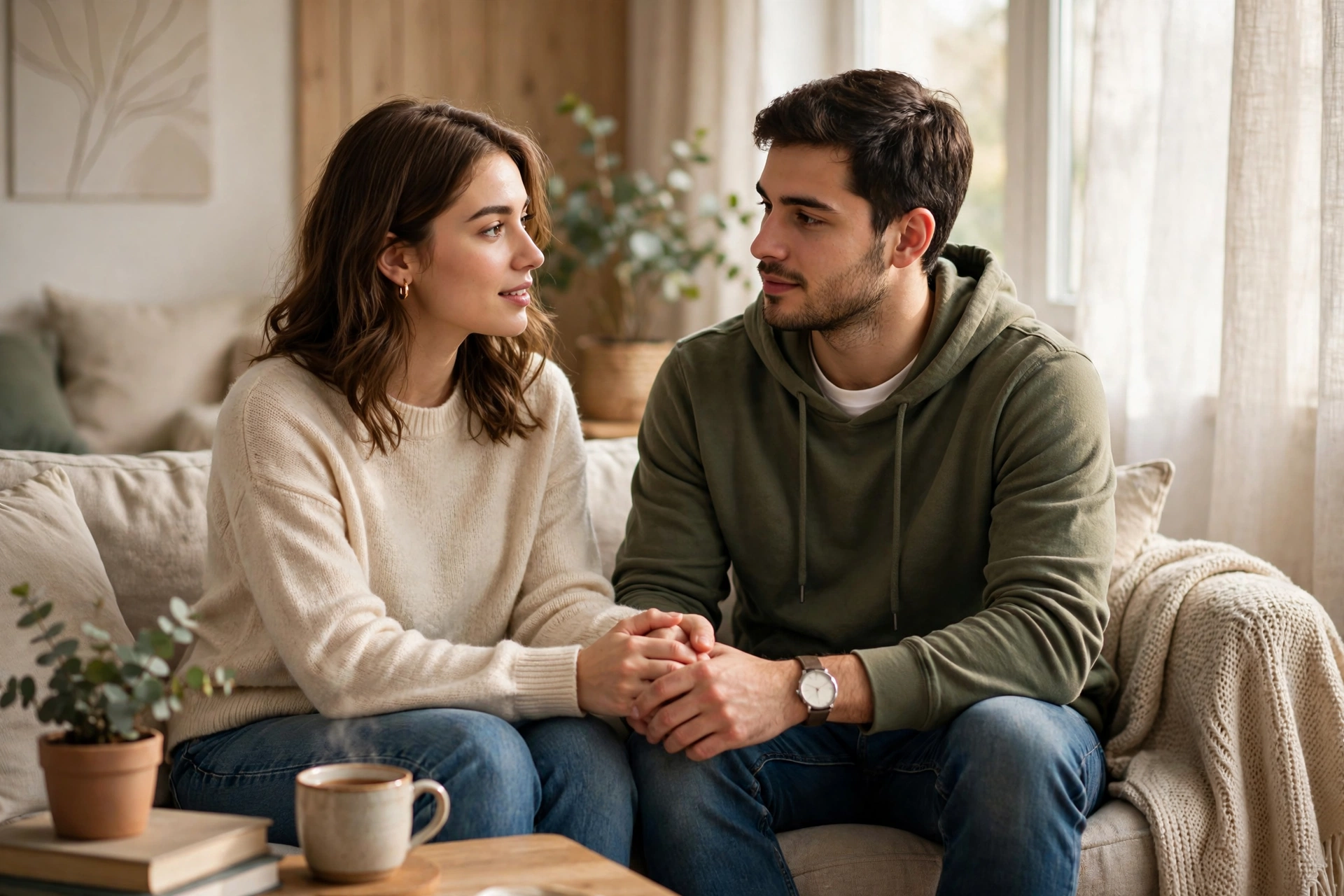 Couple having an open, honest conversation on a sofa at home about sexual health after treatment