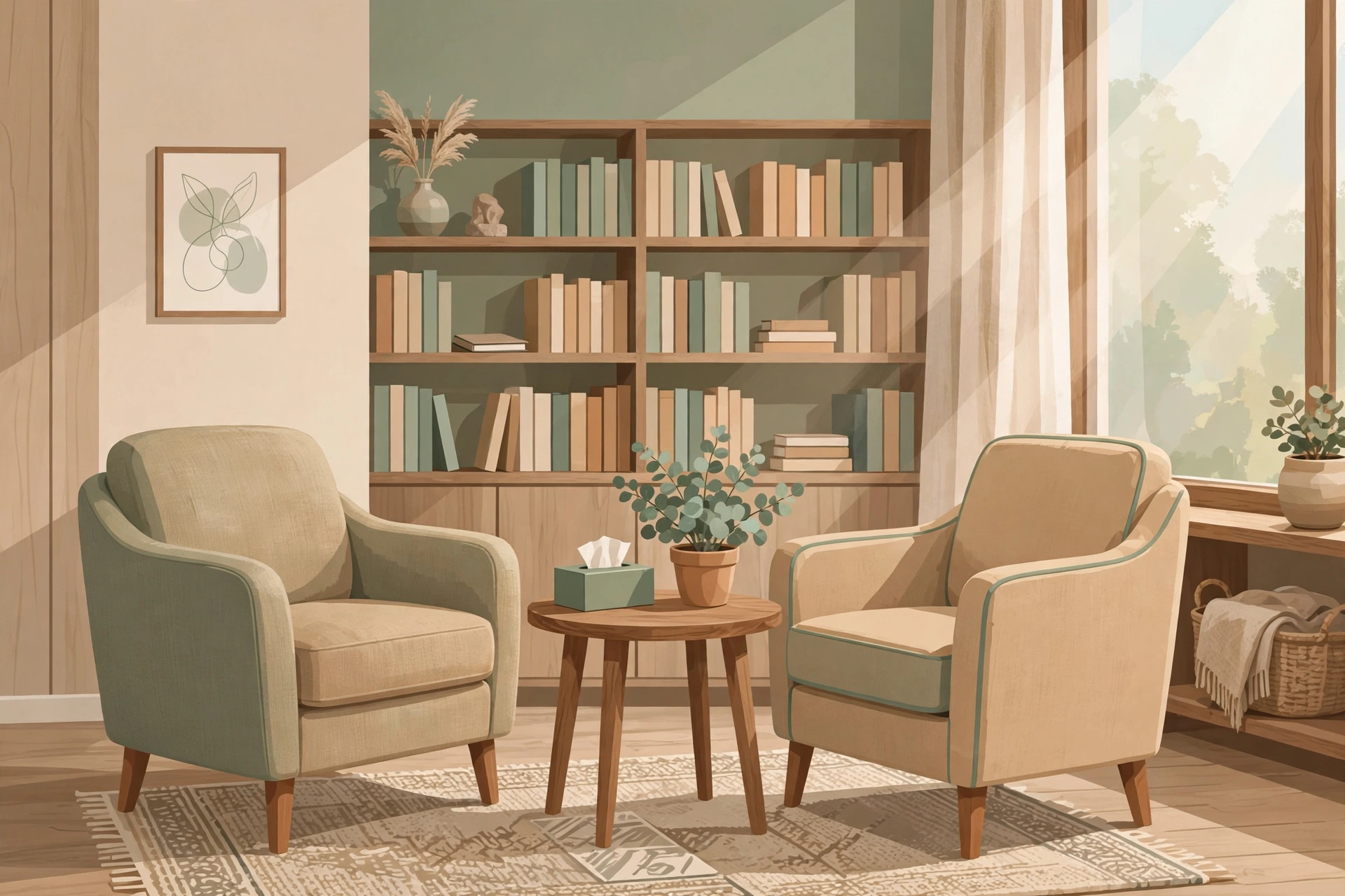 Warm editorial illustration of a professional sex therapy clinic consultation room with two armchairs facing each other, ideal for understanding what to expect at a first sex therapy visit