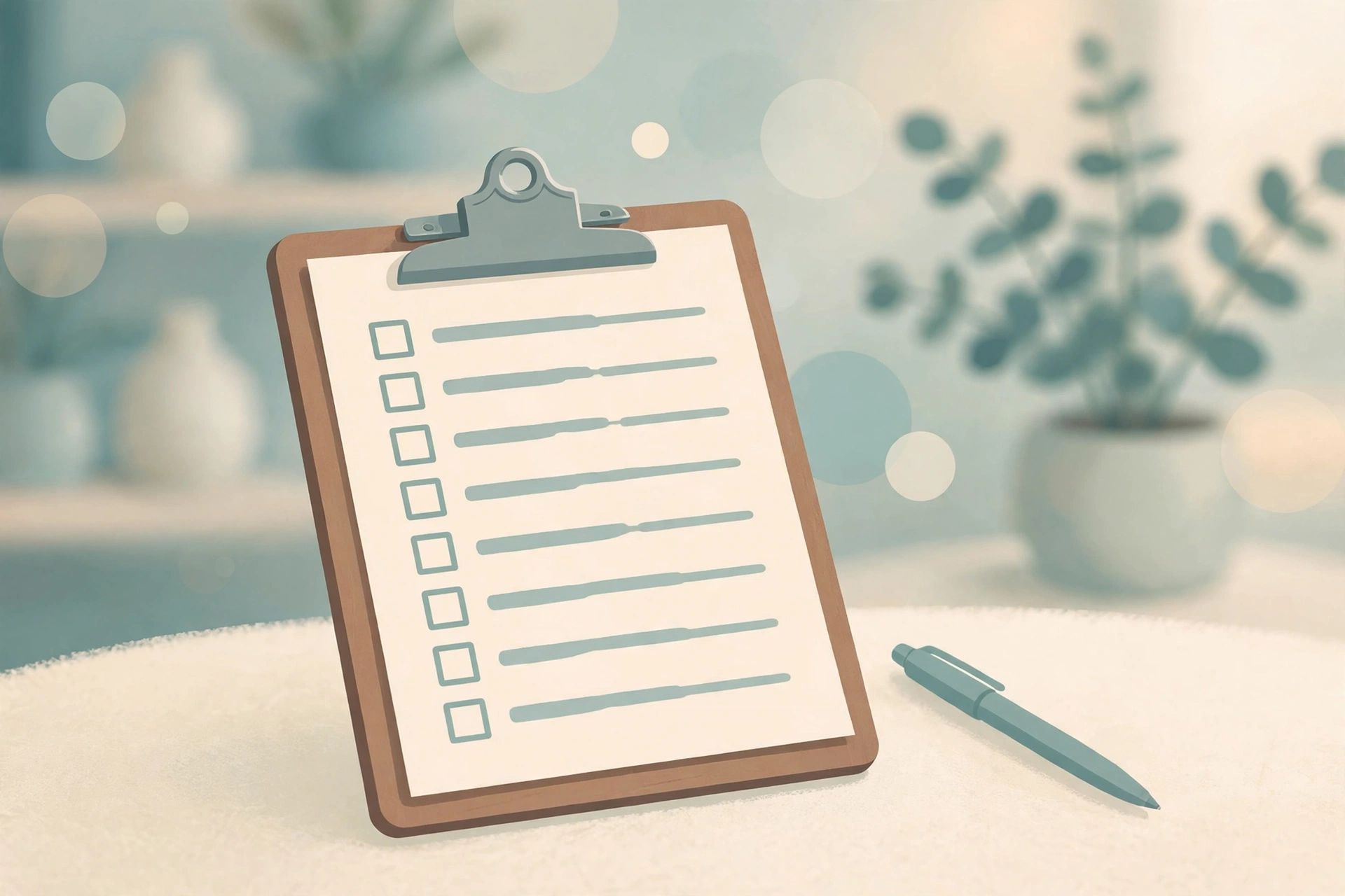 Editorial illustration of sex therapy intake paperwork on a clipboard, representing the questionnaire step of a first sex therapy visit
