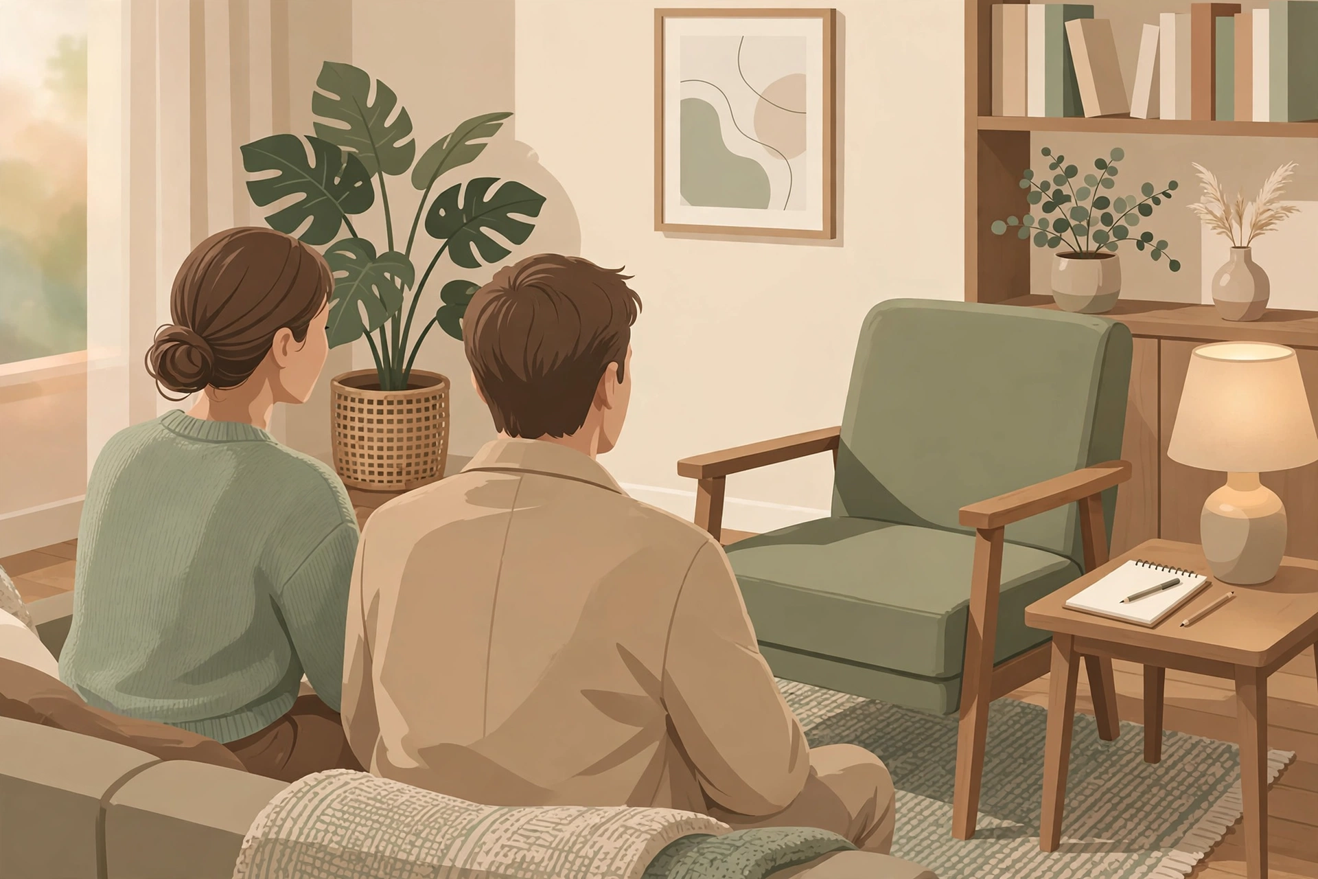 Tasteful illustration of a calm therapy session with a couple on a sofa facing a therapist, showing what a typical sex therapy session looks like (sex therapy what to expect)