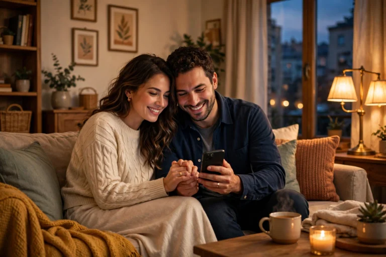 Married couple sitting close together on a couch, smiling while looking at a smartphone together in a warm living room