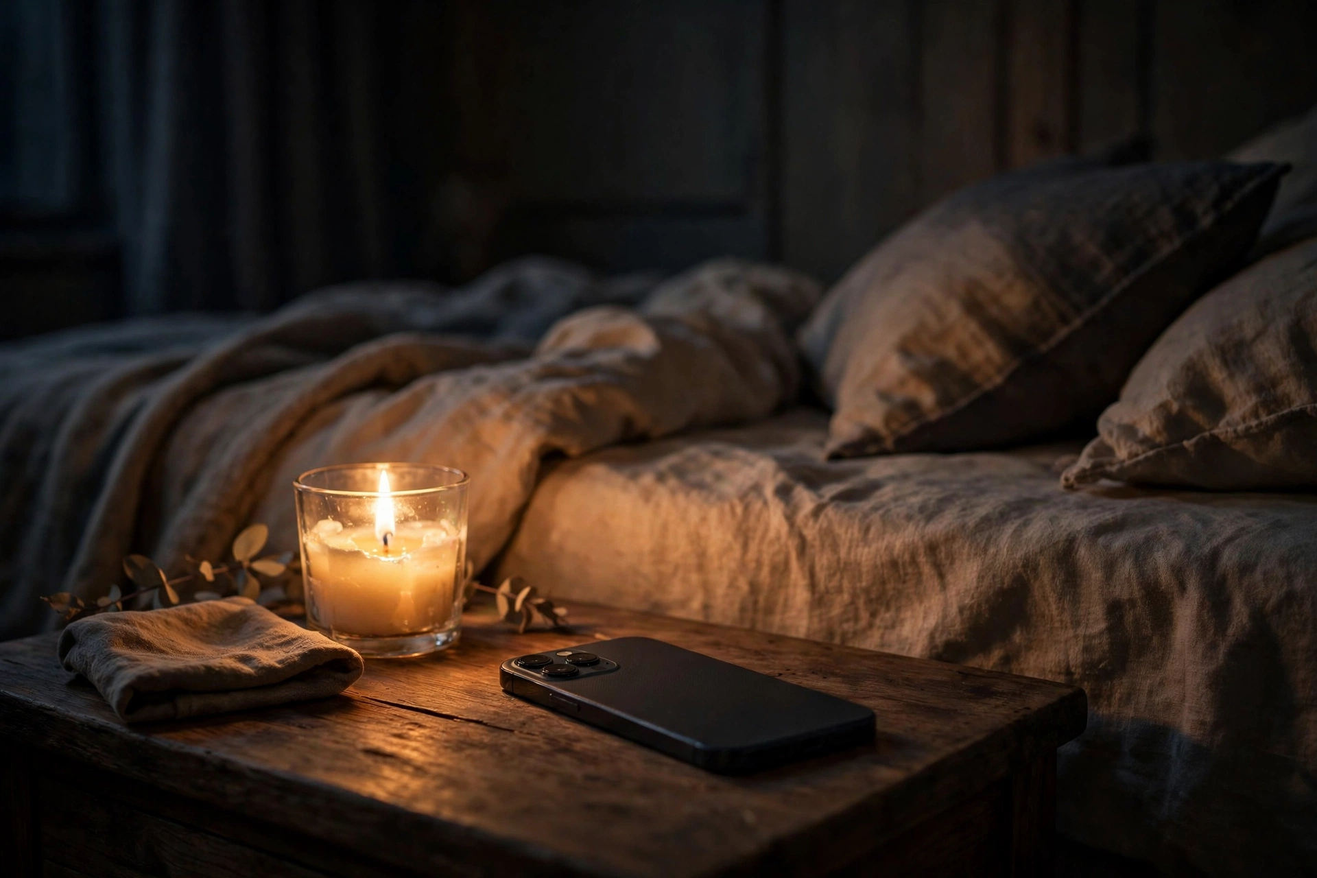 sexting for married couples: smartphone on a bedside table next to a glowing candle in a cozy dark bedroom