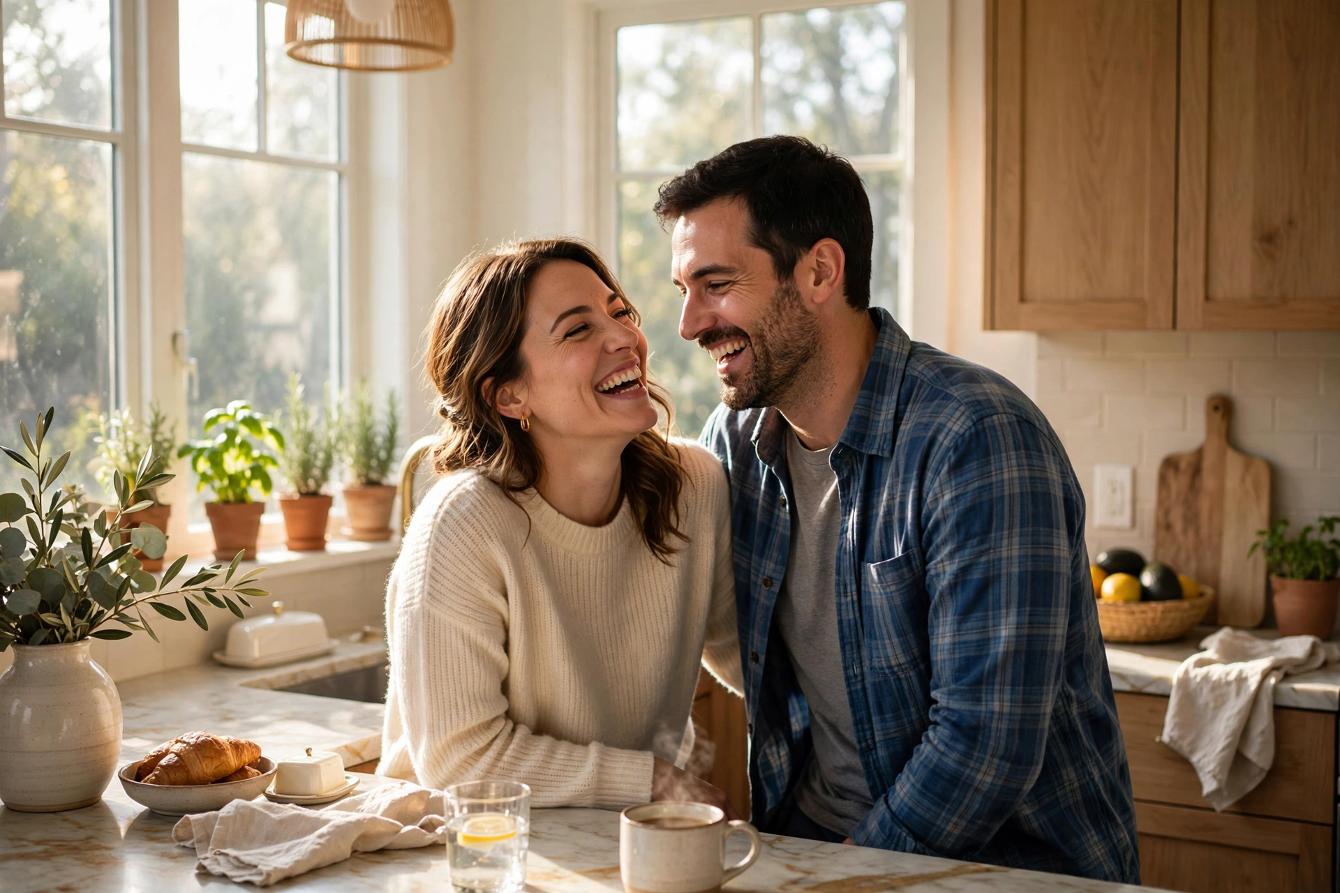 Happy married couple laughing together in a bright kitchen in the morning