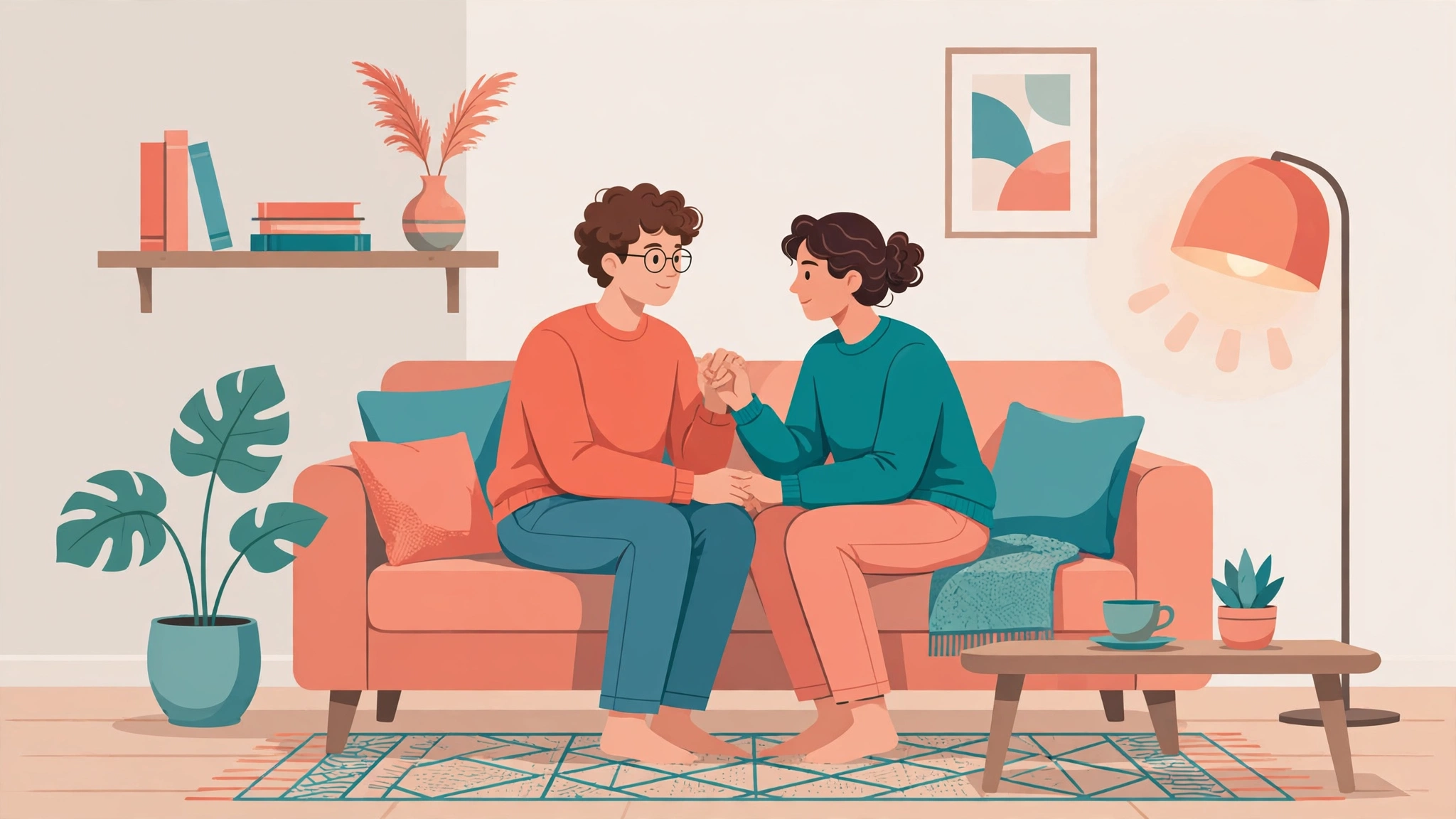 Sexual compatibility couples sitting close together on a couch holding hands