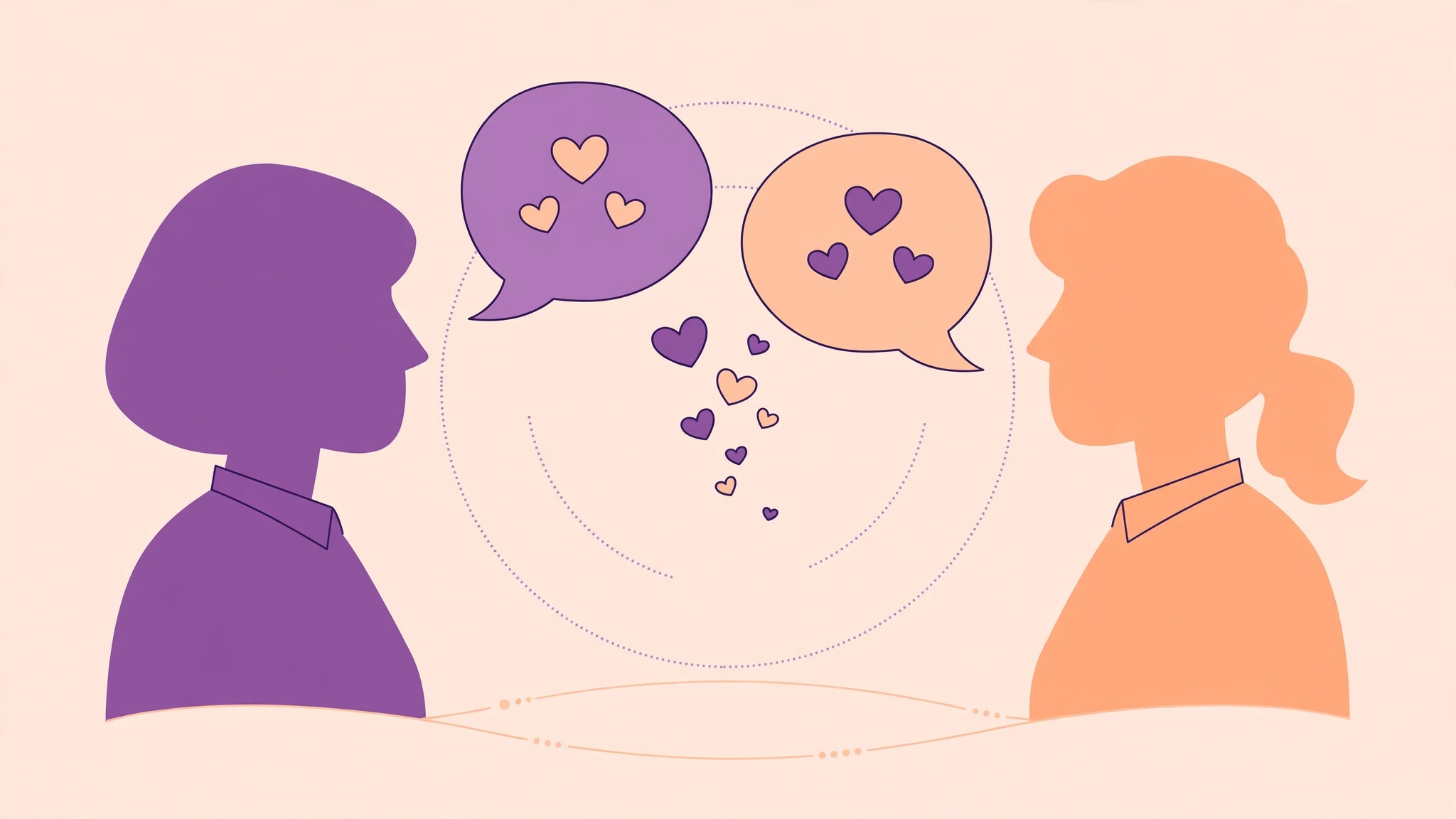 Sexual compatibility couples: couple silhouettes with heart speech bubbles showing open communication about intimacy