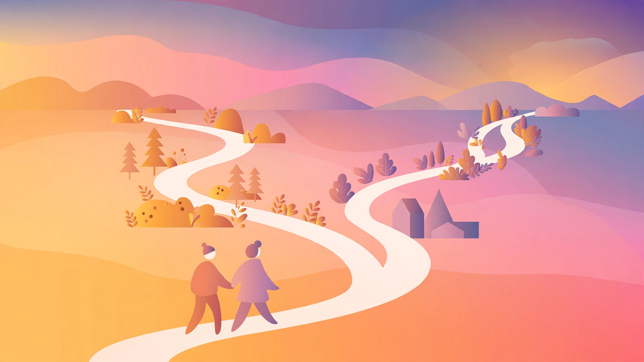 Couple walking hand in hand on a winding path showing compatibility through life stages