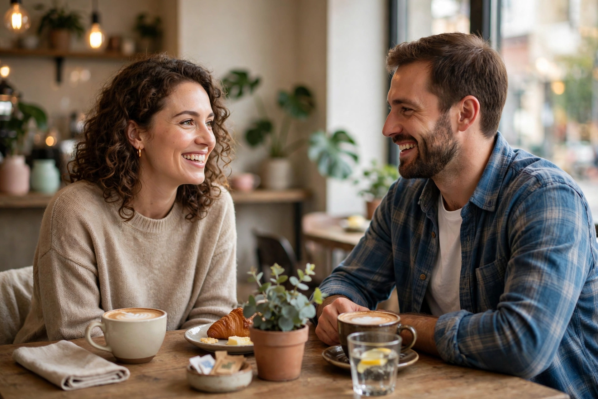 Smiling man and woman having a relaxed, friendly conversation over coffee at a cozy cafe table
