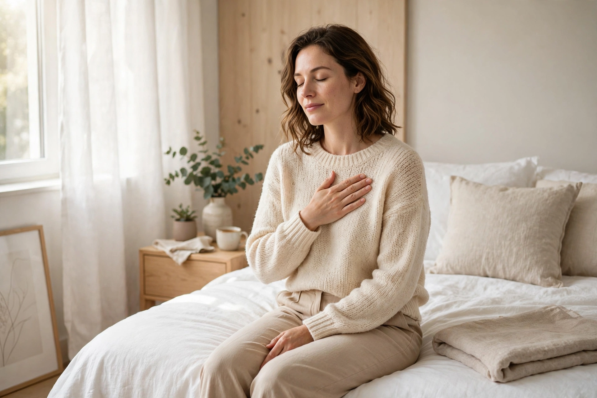 Woman sitting peacefully on a bed in soft morning light with a hand over her heart, practicing calm self-reconnection and rebuilding sexual confidence after breakup