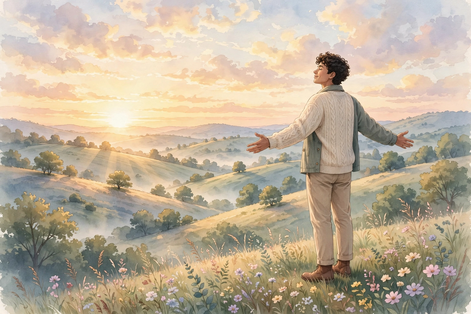 Illustration of a person standing in warm sunrise light with arms gently open, symbolizing rebuilding sexual confidence after a breakup
