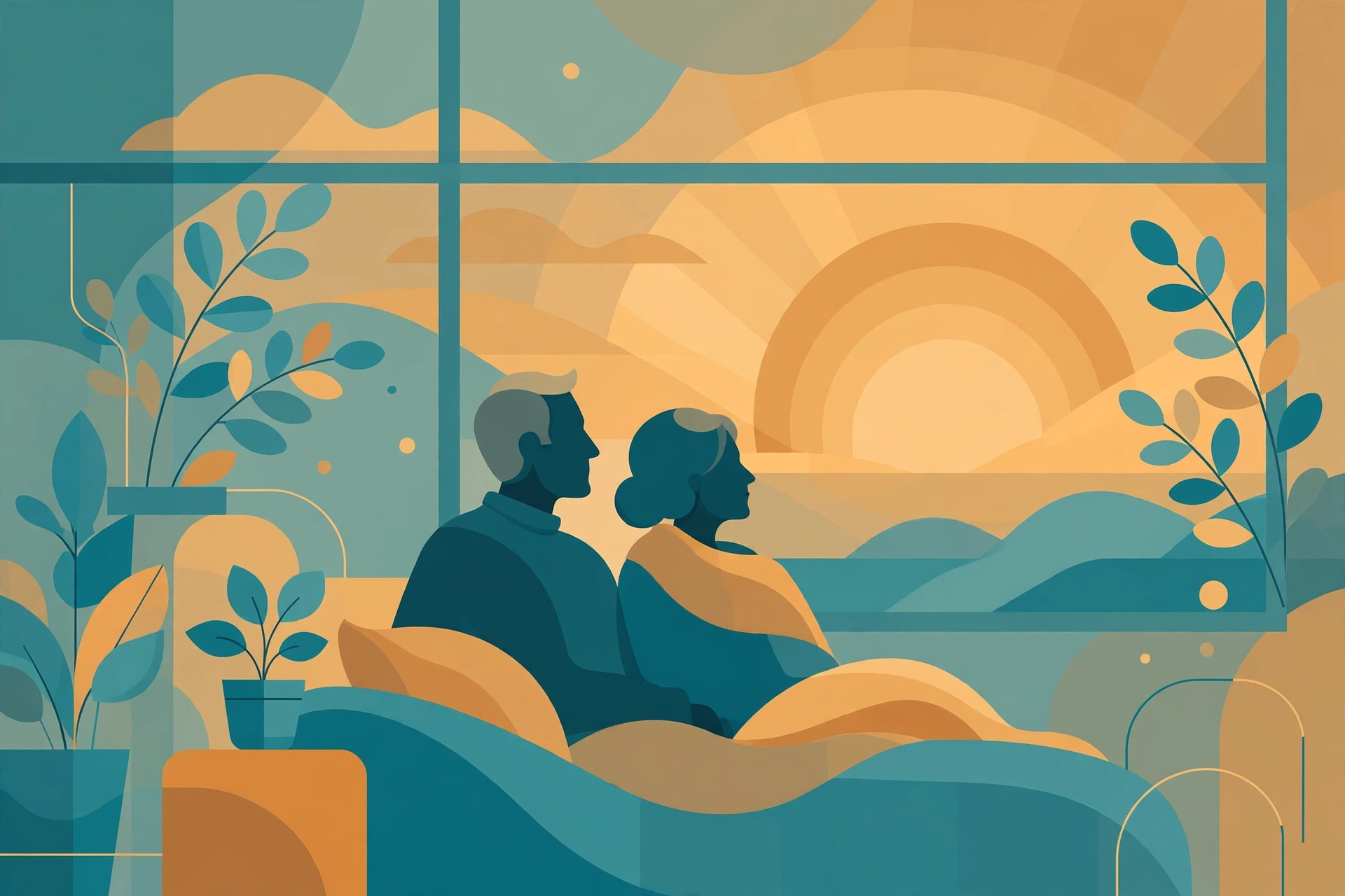 Sexual health after 60 — mature couple sitting close together, abstract vector illustration