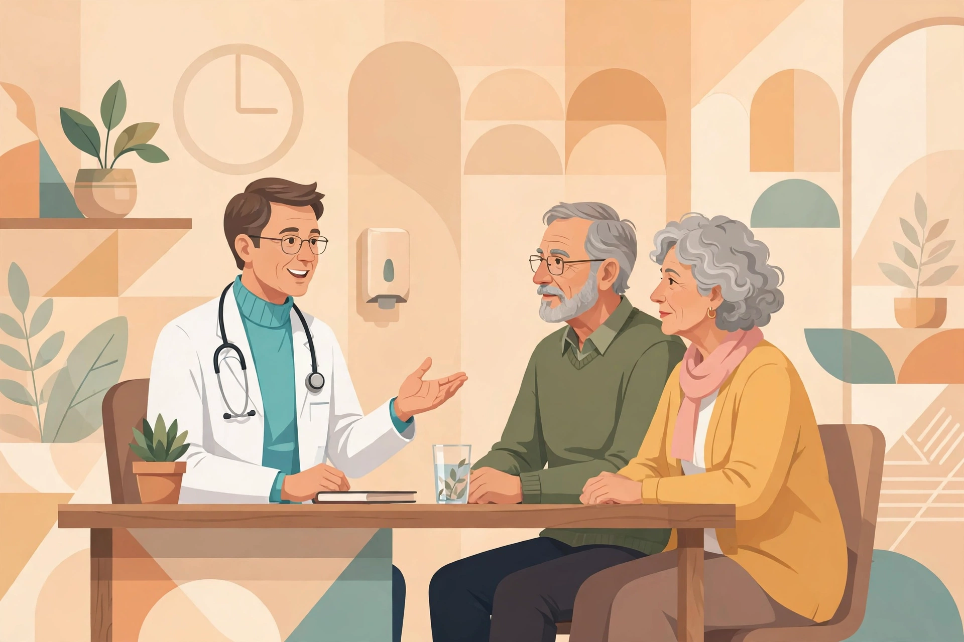 Sexual health after 60 — older couple discussing intimacy with a doctor, consultation concept