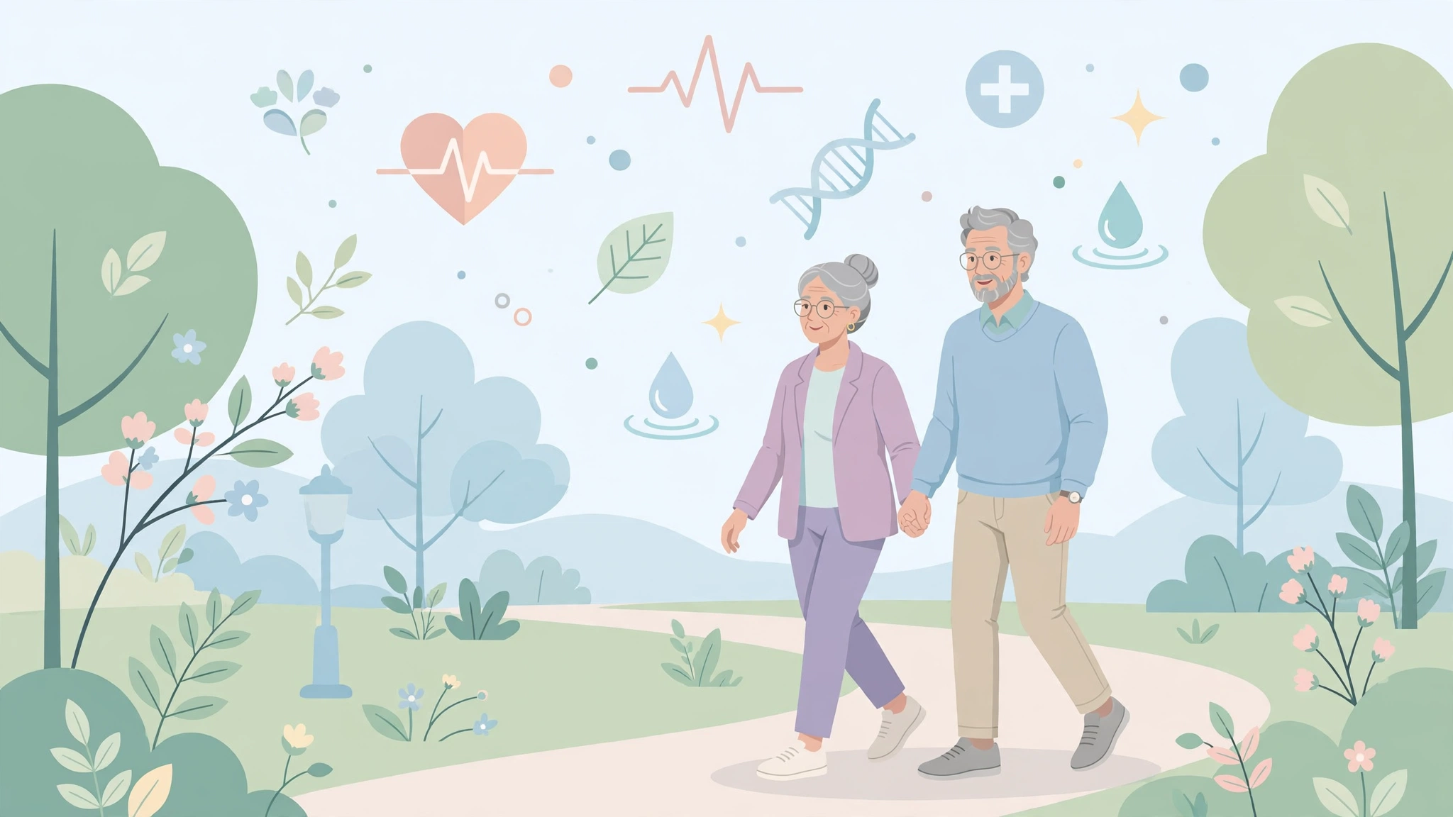 Sexual health after 60 wellness — mature couple walking hand in hand, vitality concept
