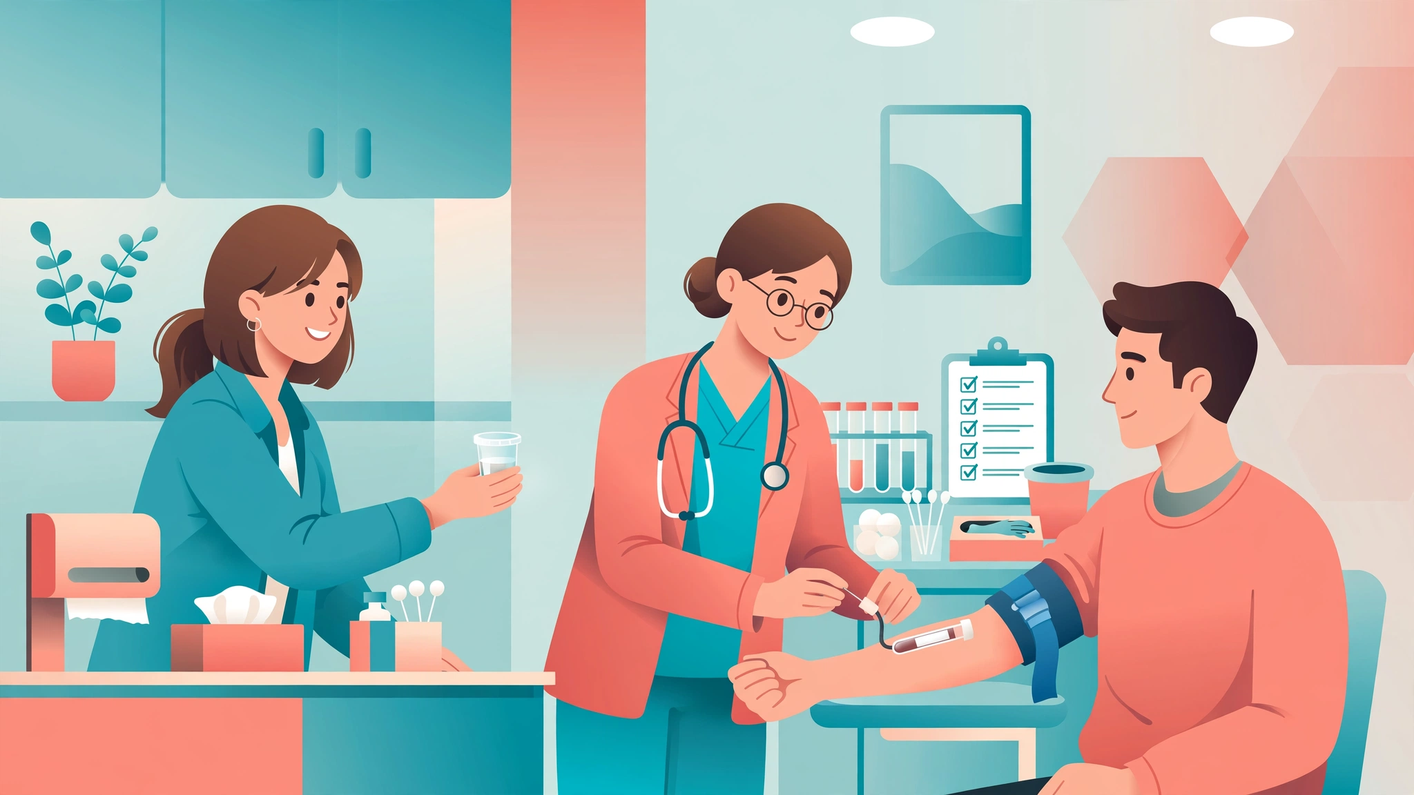 Couple receiving STI screening tests at a clinic as part of their sexual health checkup schedule