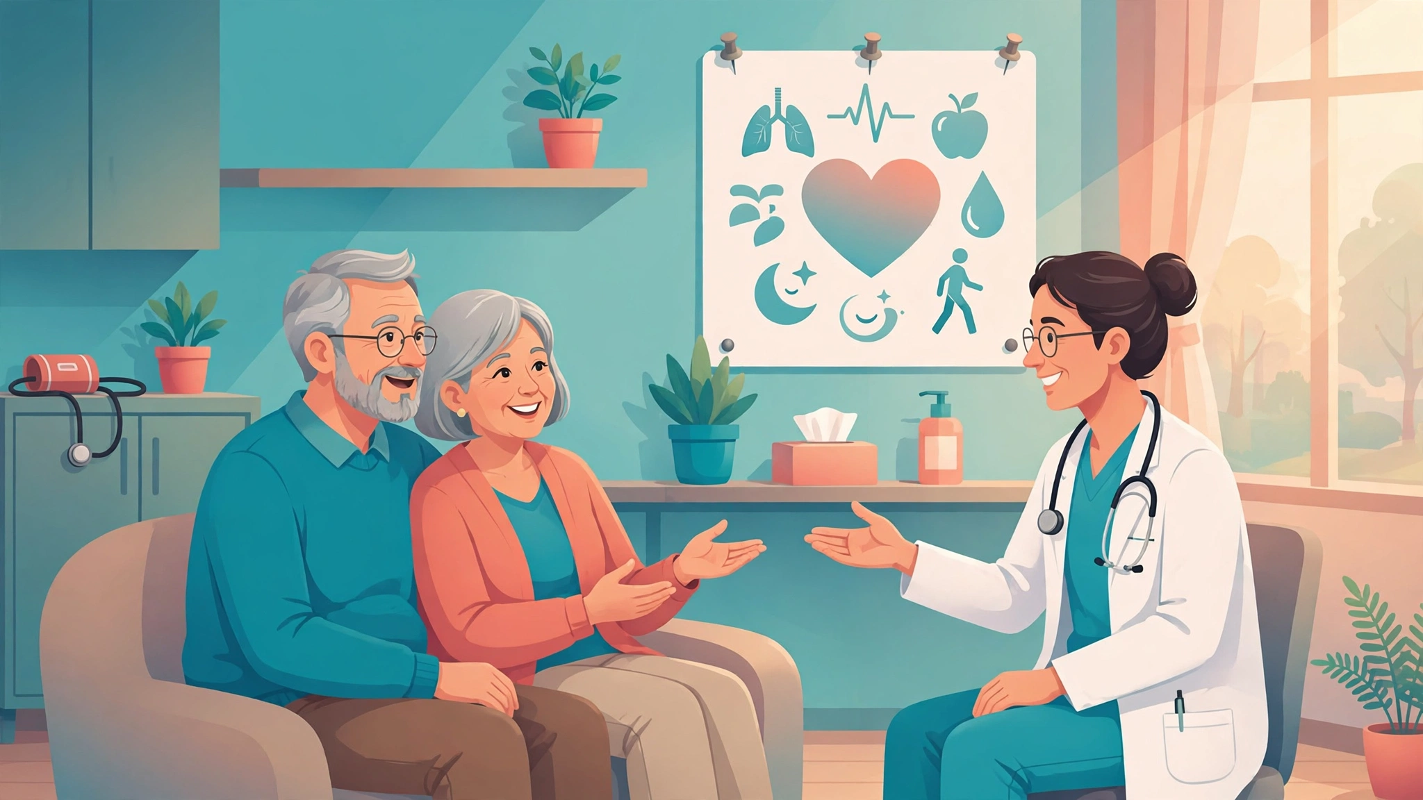 Older couple discussing their sexual health checkup schedule with a doctor