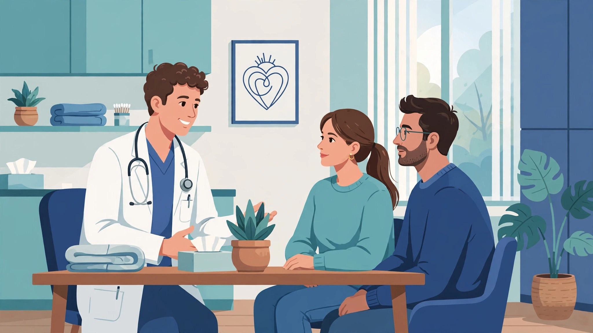 Doctor discussing sexual wellness self care with a couple in a clinic