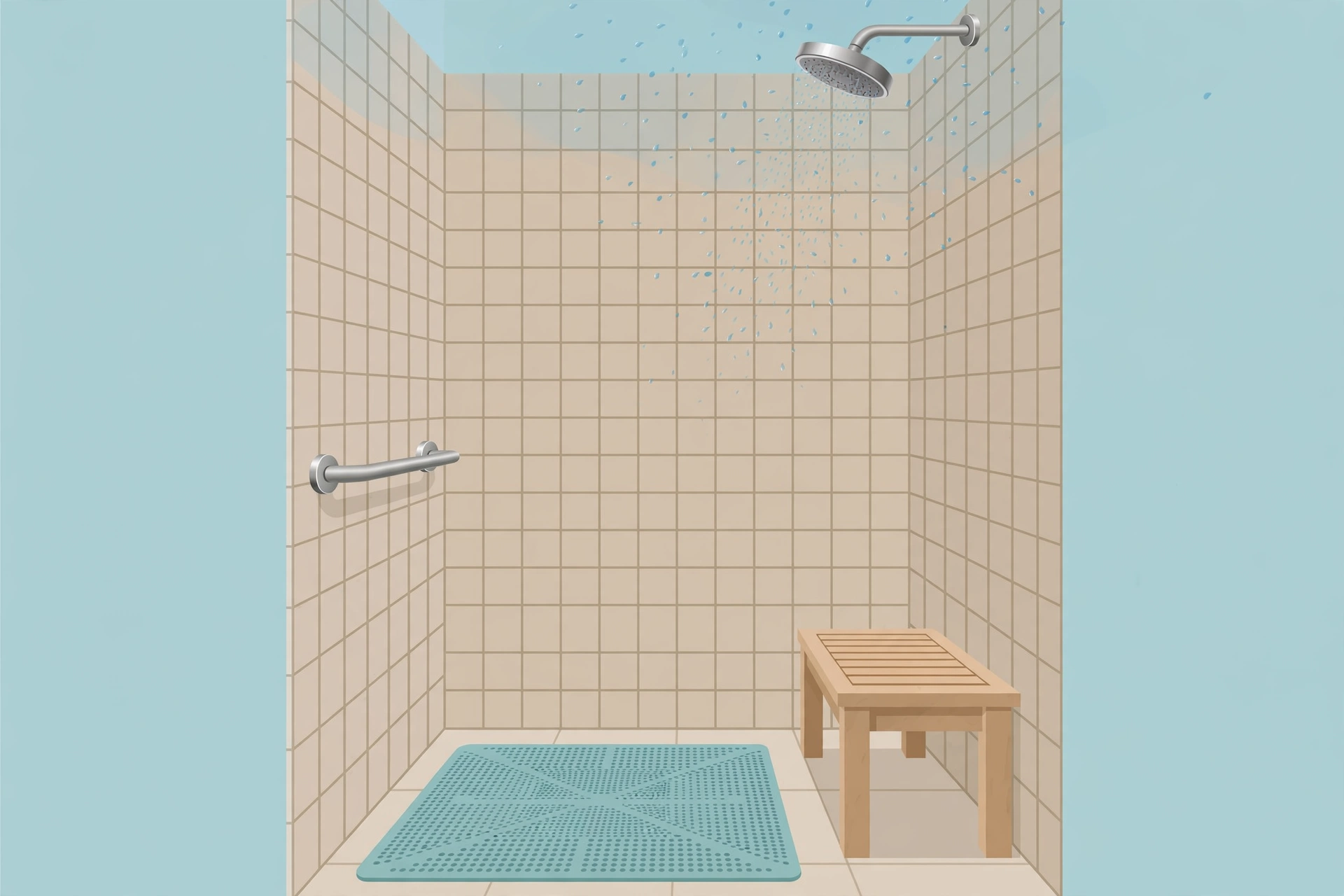 Illustration of a slip-proof shower with a grab bar, non-slip mat, and bench showing shower sex for couples