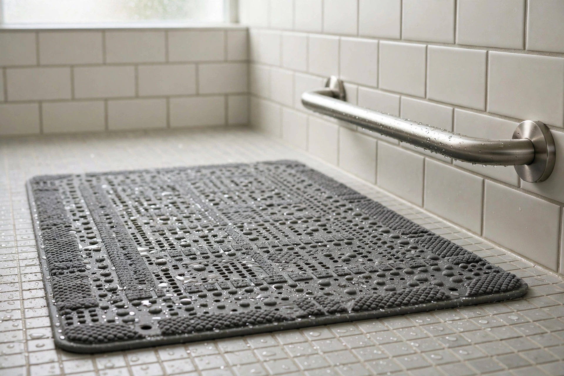 shower sex - Close-up of a textured non-slip bath mat and stainless steel grab bar in a tiled shower