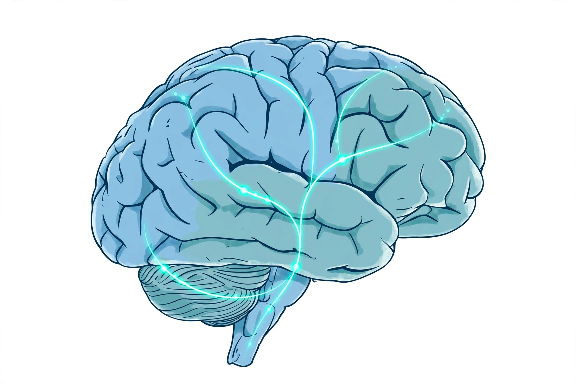 Medical illustration of a human brain with glowing neurotransmitter pathways showing how anxiety medications affect serotonin and dopamine linked to sexual function