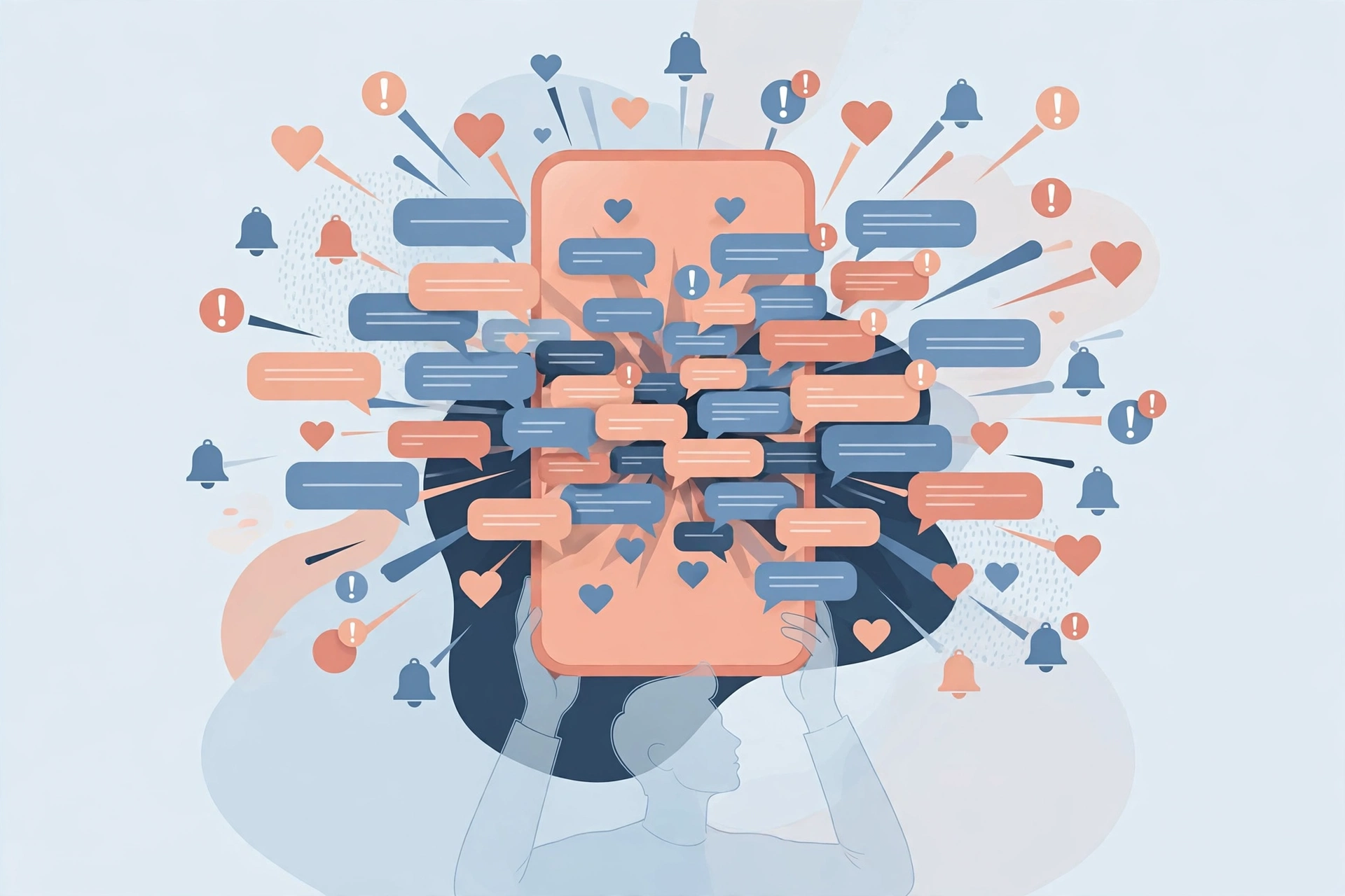 Illustration of a smartphone flooded with text message bubbles, heart icons, and notification alerts, representing constant communication during love bombing