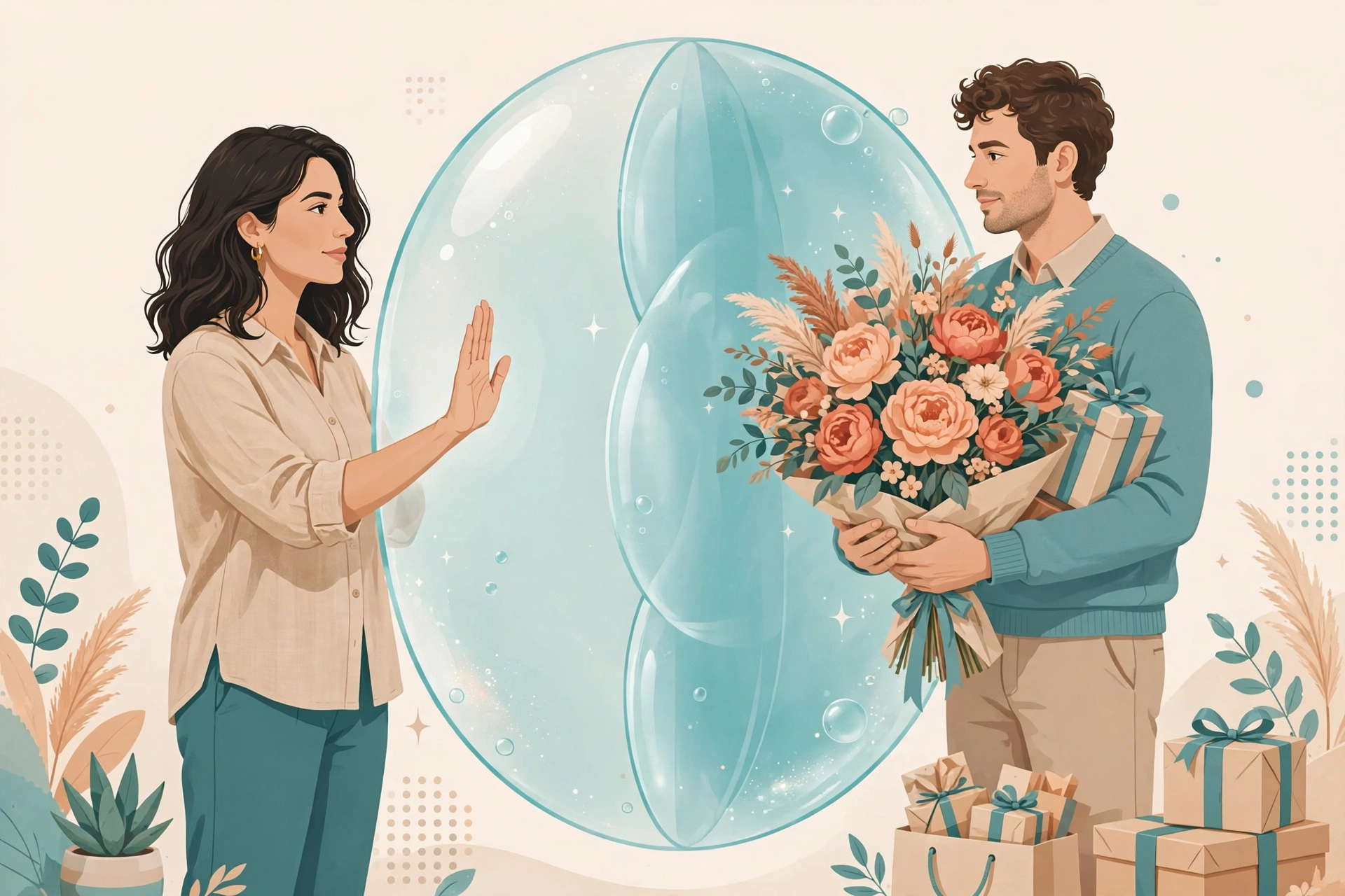 love bombing - Illustration of a woman calmly setting a boundary with an open hand while a partner offers her flowers and gifts