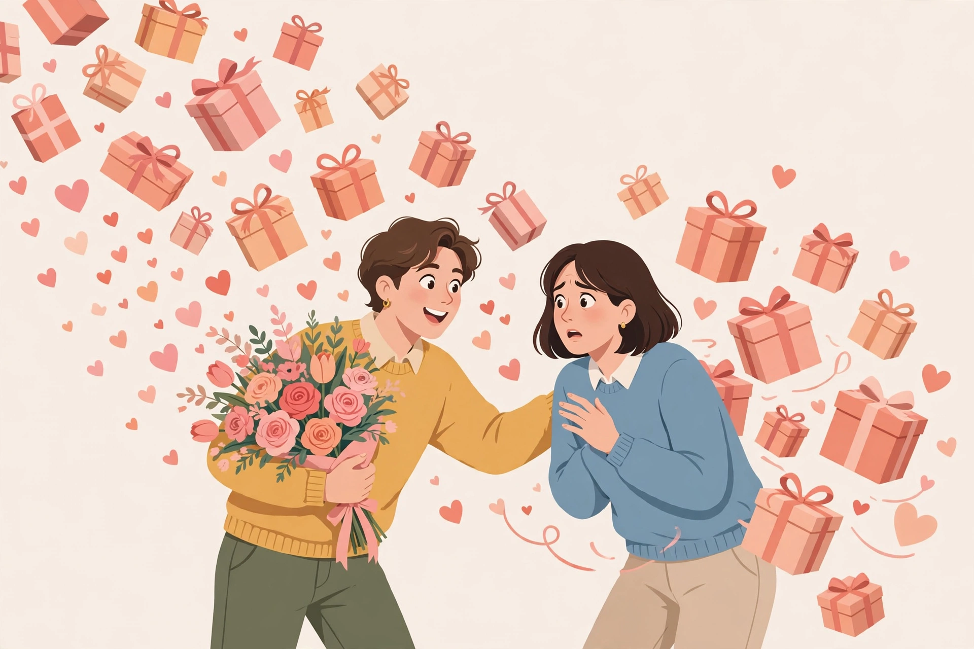 Illustration of love bombing in early dating: an enthusiastic partner showering a surprised woman with excessive flowers, gift boxes, and hearts
