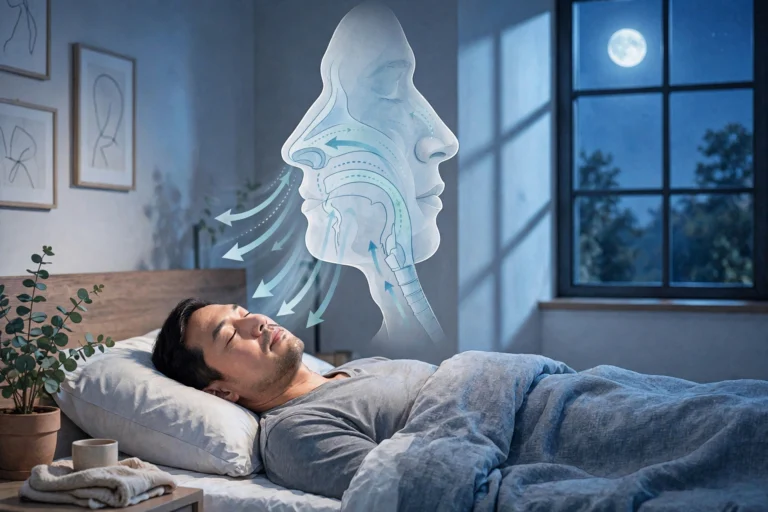 Man sleeping peacefully in a moonlit bedroom with a medical illustration of airflow through the nose and throat - sleep apnea and erectile dysfunction