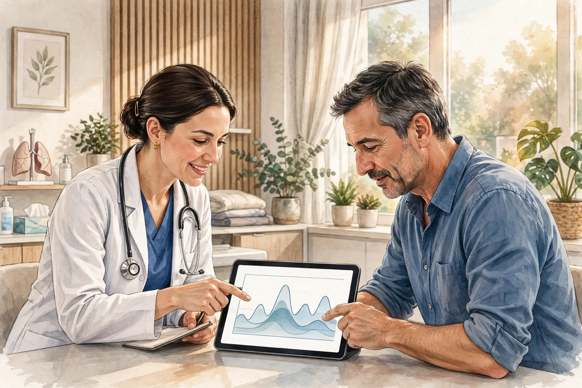 Doctor reviewing a sleep study report with a male patient in a clinic