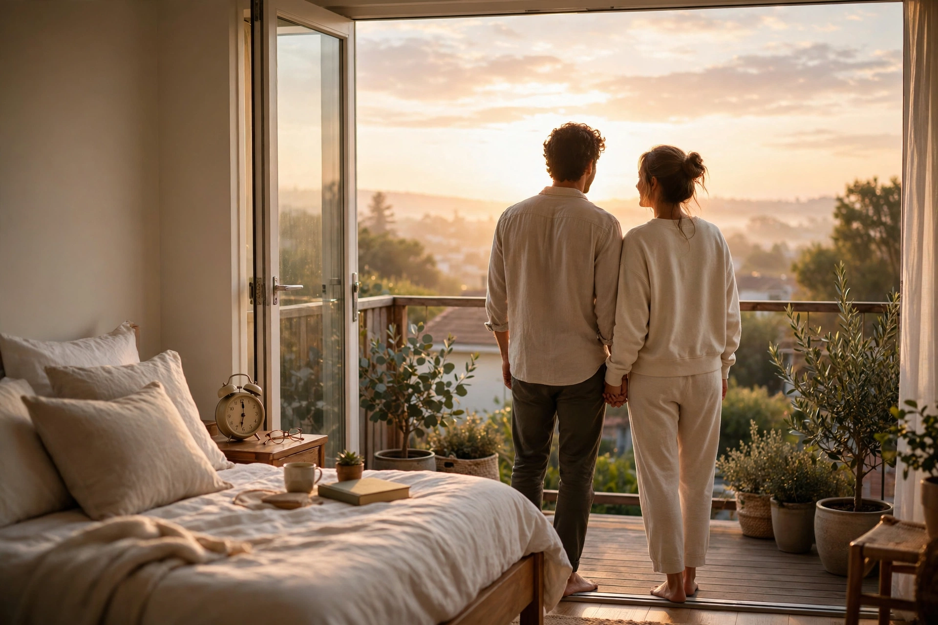 Couple holding hands at sunrise, suggesting restful sleep and recovery