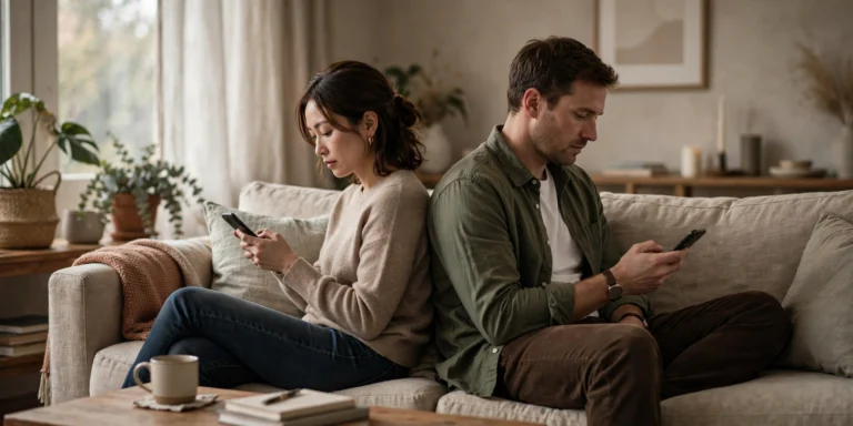 Couple sitting back to back on couch, each on their phone, emotional distance