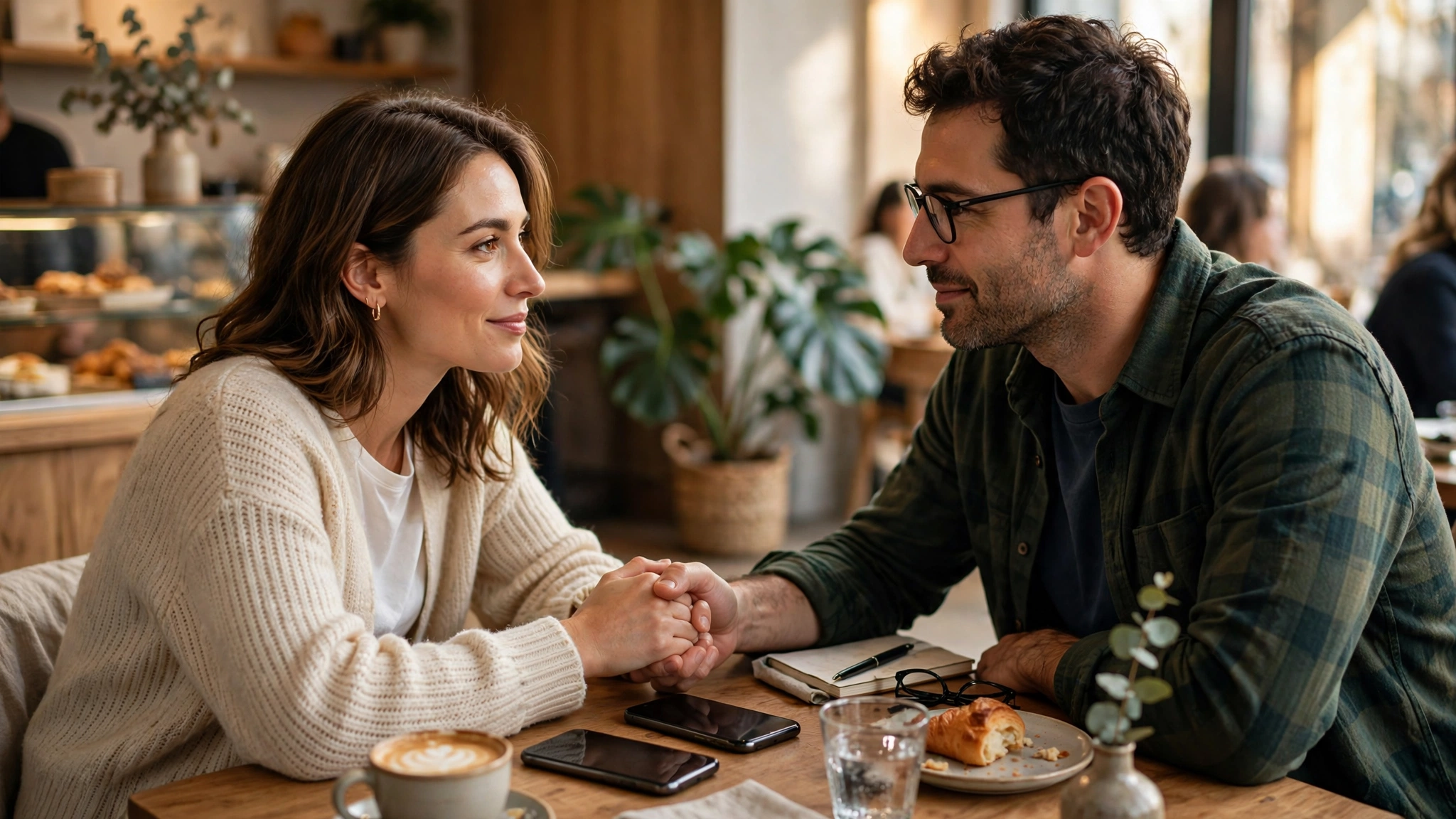 Couple holding hands across a cafe table with phones face down